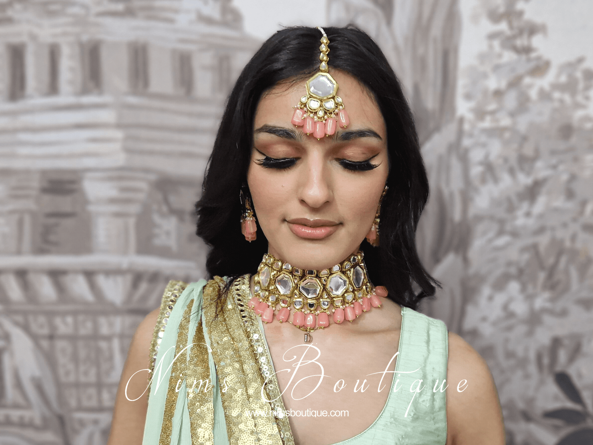 Nims Boutique Pihu Light Coral Blossom Kundan Set