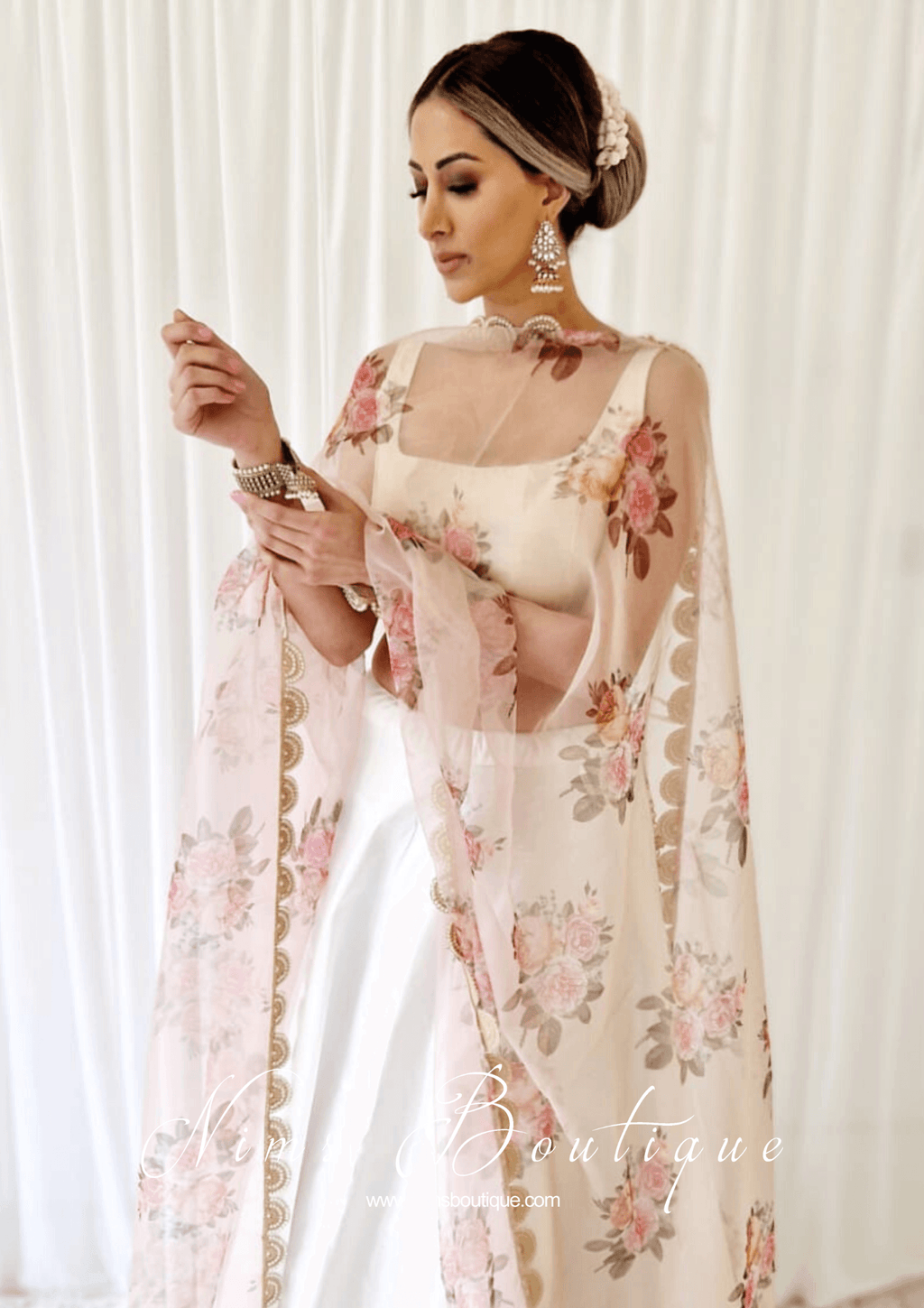 Nims Boutique Dusky Peach Organza Floral Dupatta/Chunni with Luxury Pearl Edging