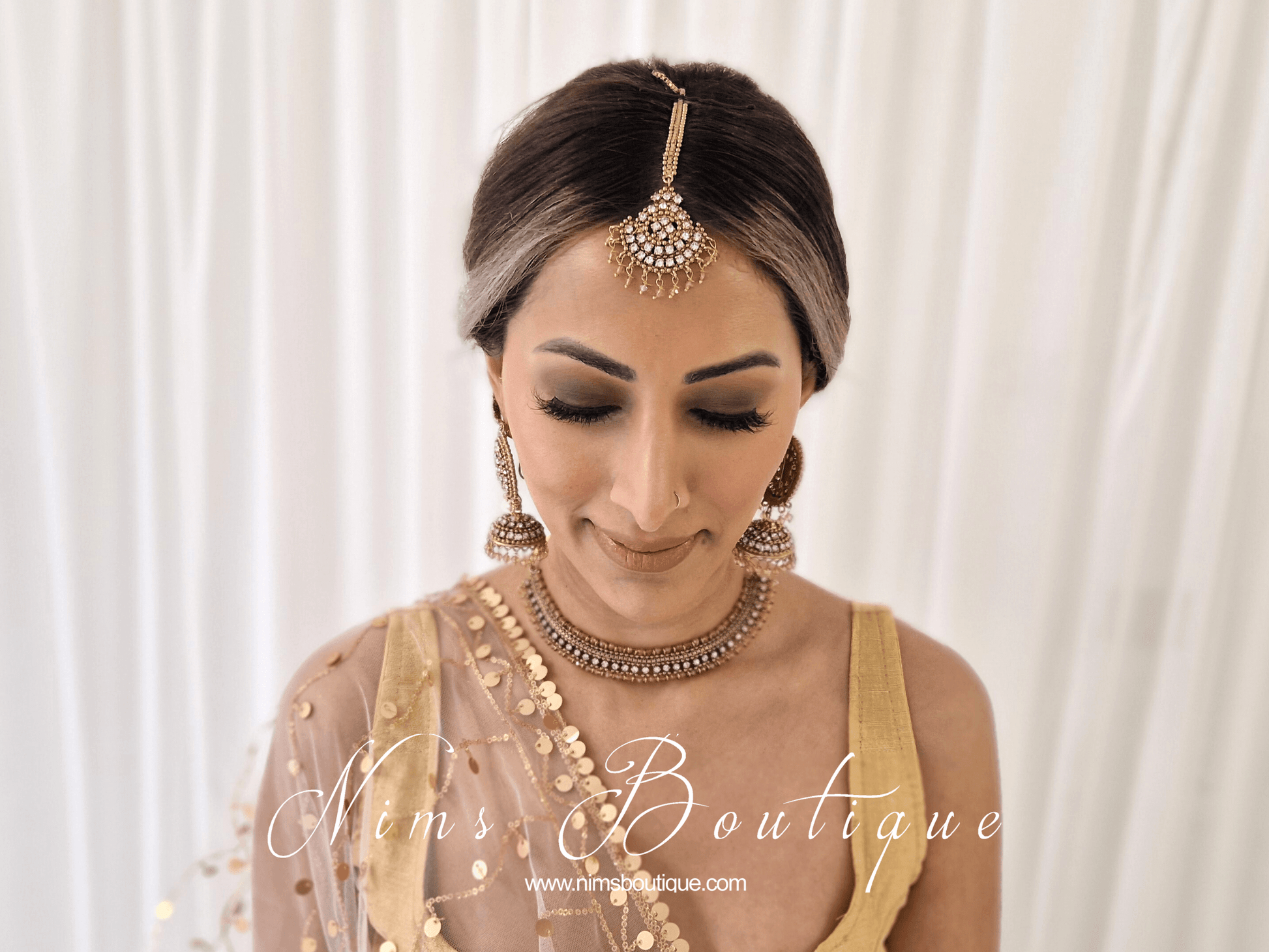 Nims Boutique Royal Antique Gold & Clear Stone Tikka Set