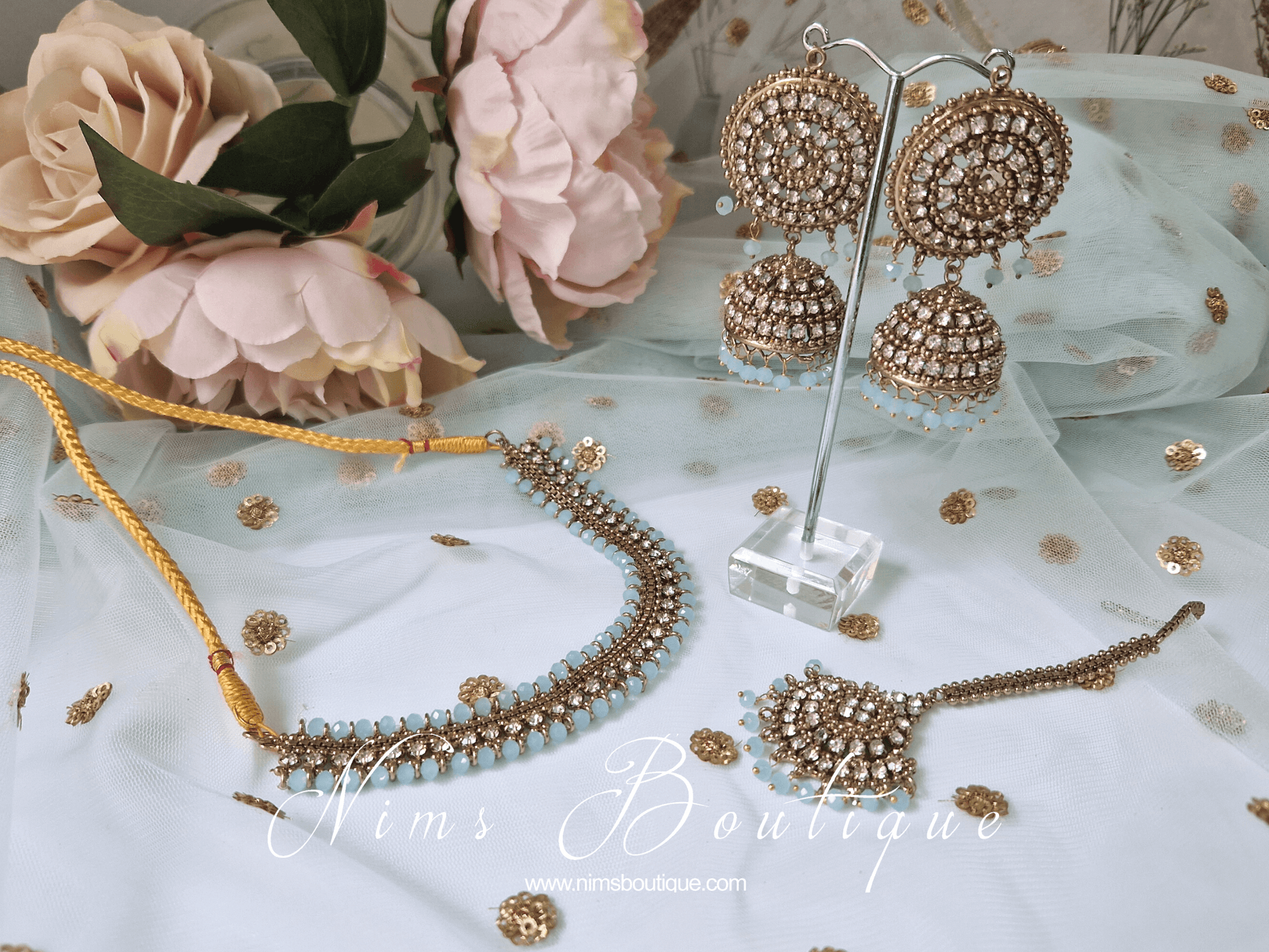 Nims Boutique Royal Antique Gold & Light Blue Tikka Set