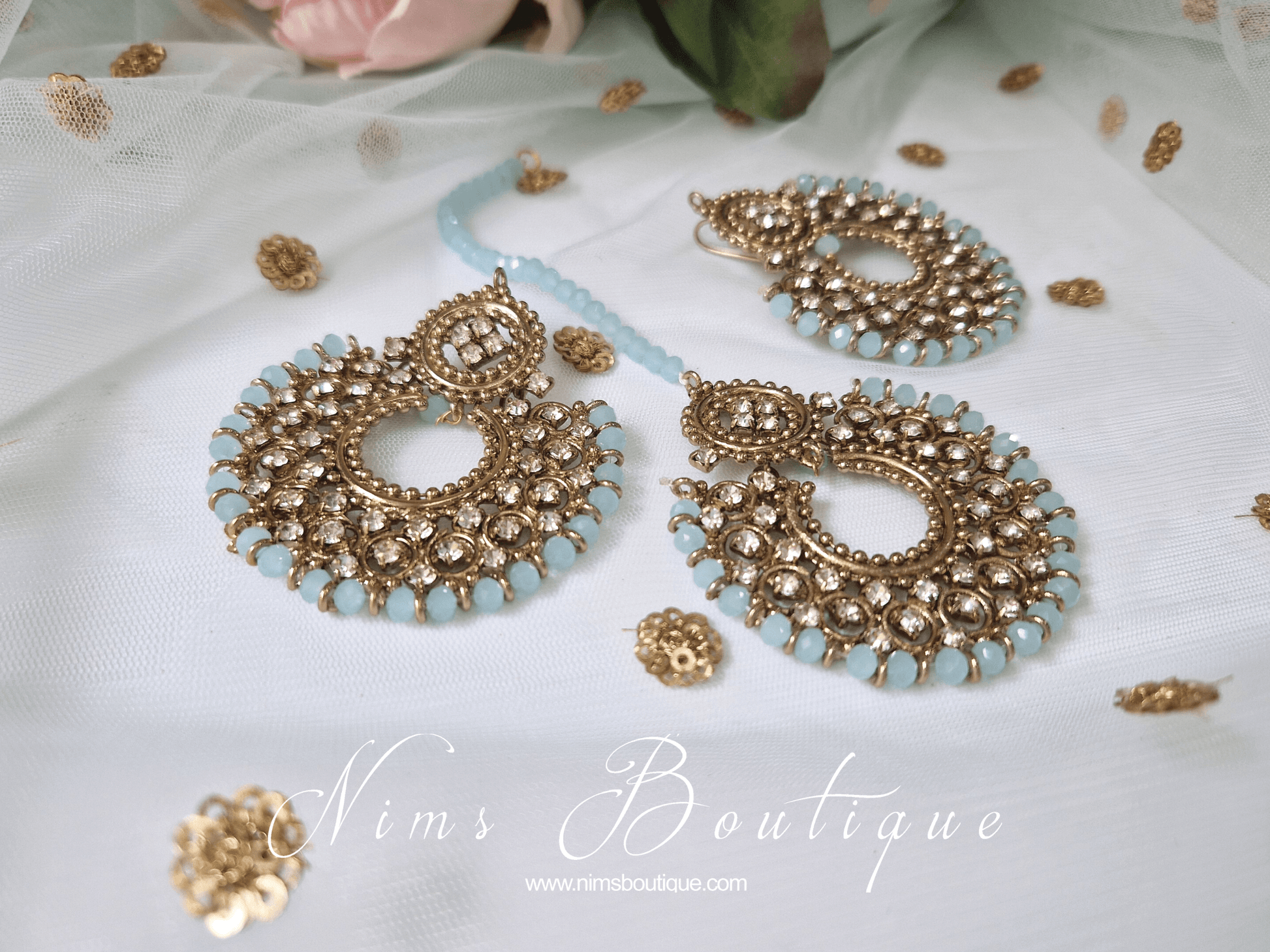Nims Boutique Royal Antique Gold & Light Blue Chand Tikka Set 6cm