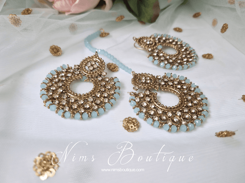 Royal Antique Gold & Light Blue Chand Tikka Set (6cm)