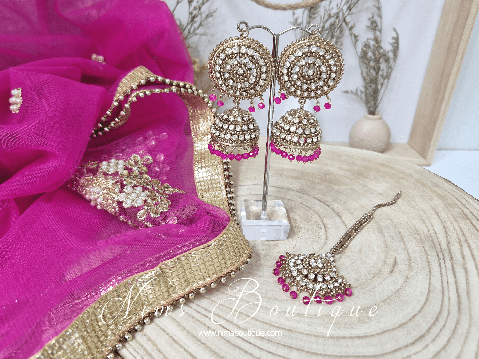 Nims Boutique Royal Antique Gold & Hot Pink Tikka Set