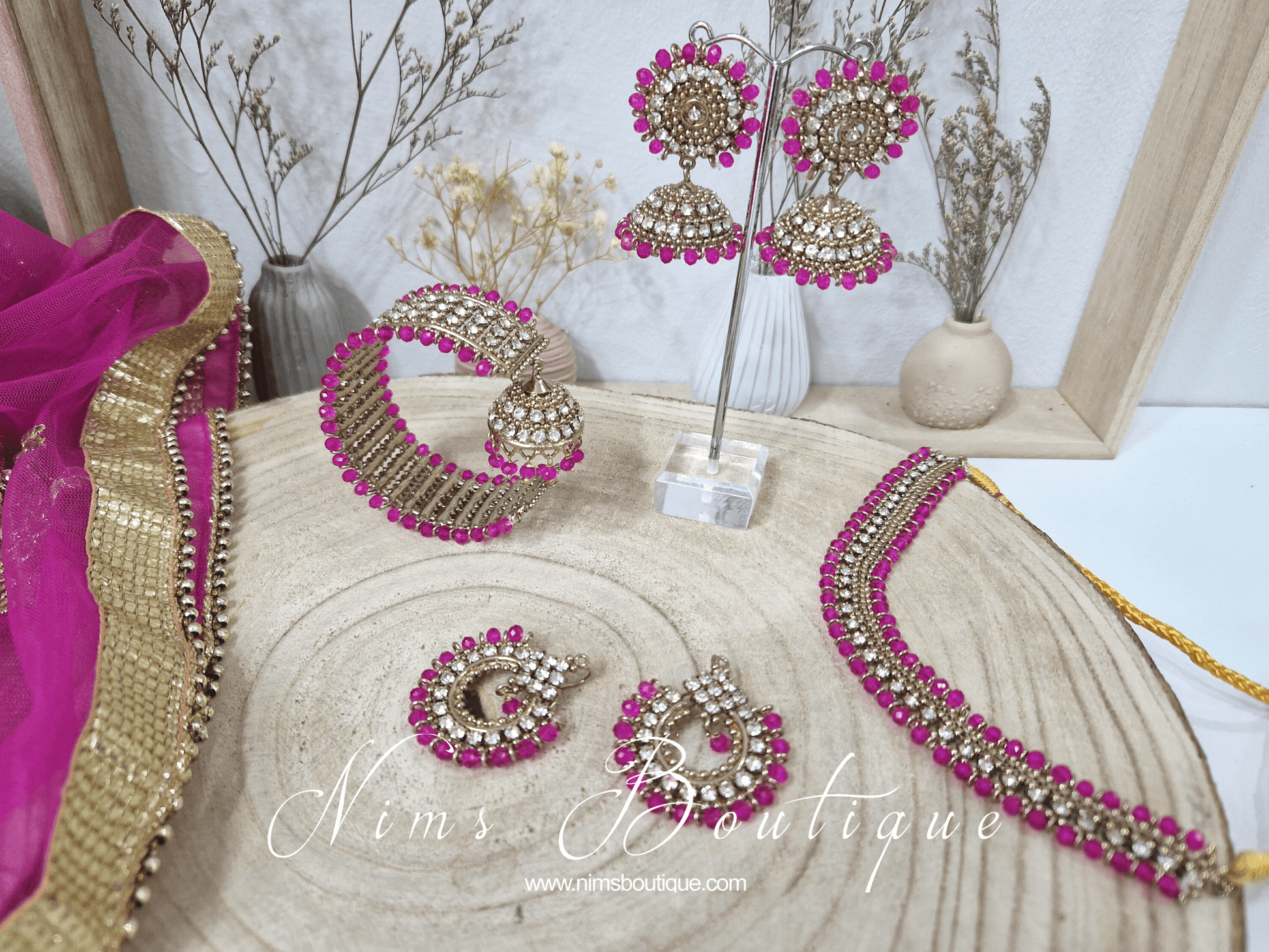 Nims Boutique Vidya Antique Gold & Hot Pink Earrings