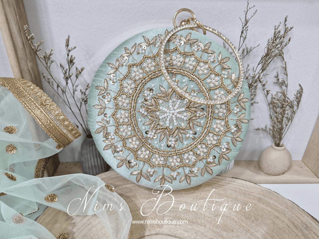 Nims Boutique Large Round Mint Green & Pearl Clutch Bag