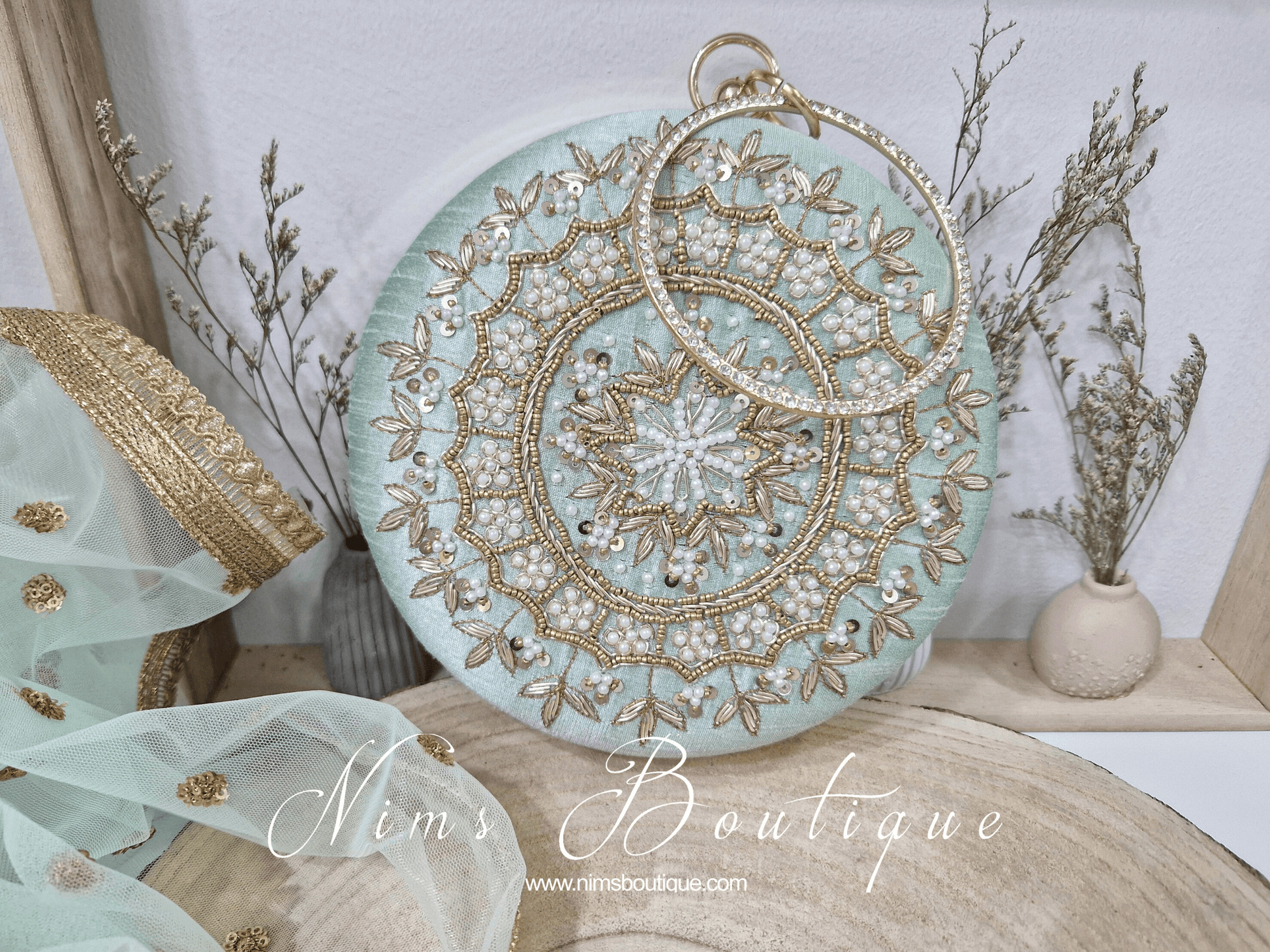 Nims Boutique Large Round Mint Green & Pearl Clutch Bag