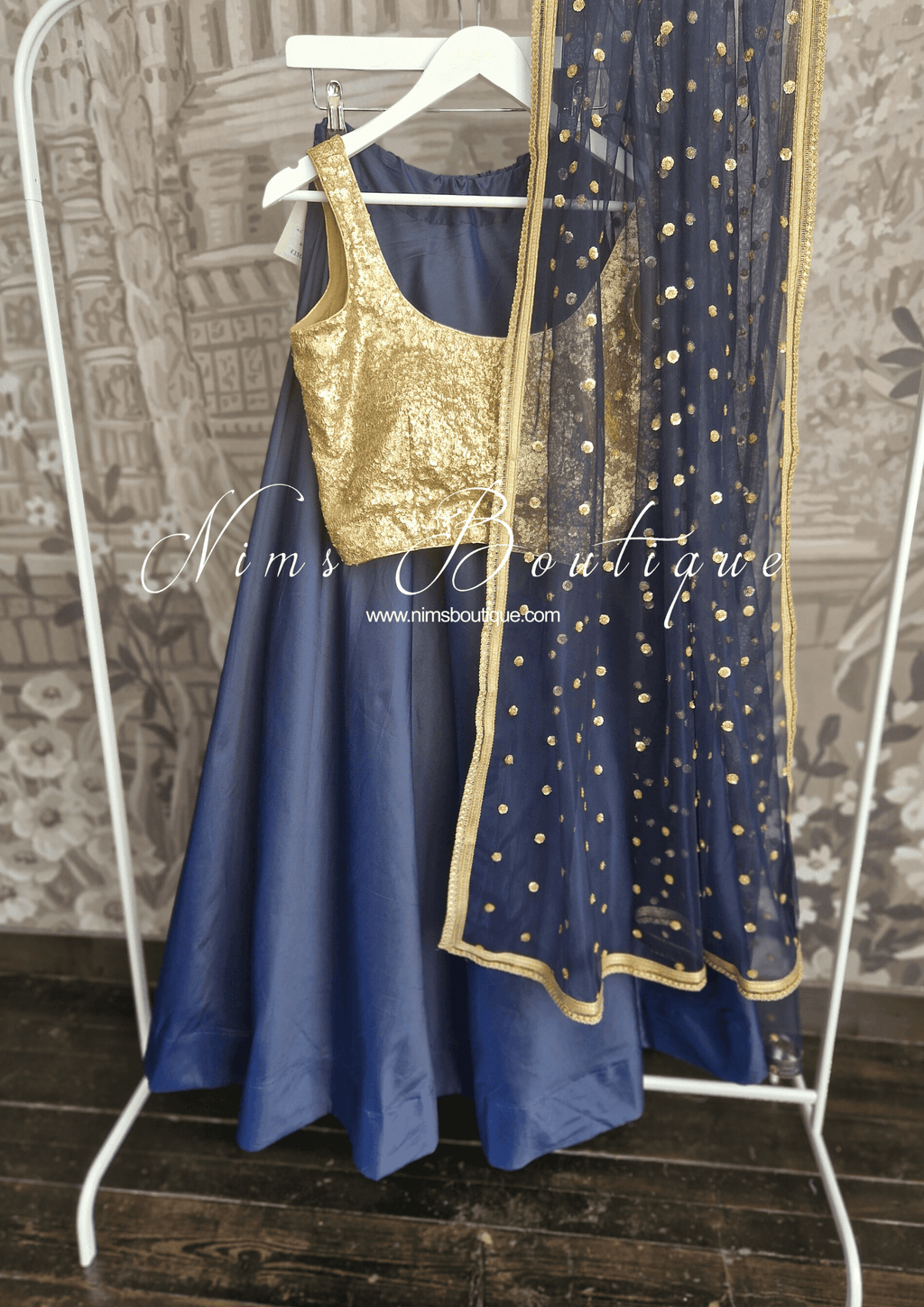 Nims Boutique Luxury Navy Net Sequin Dupatta/Chunni LNS10