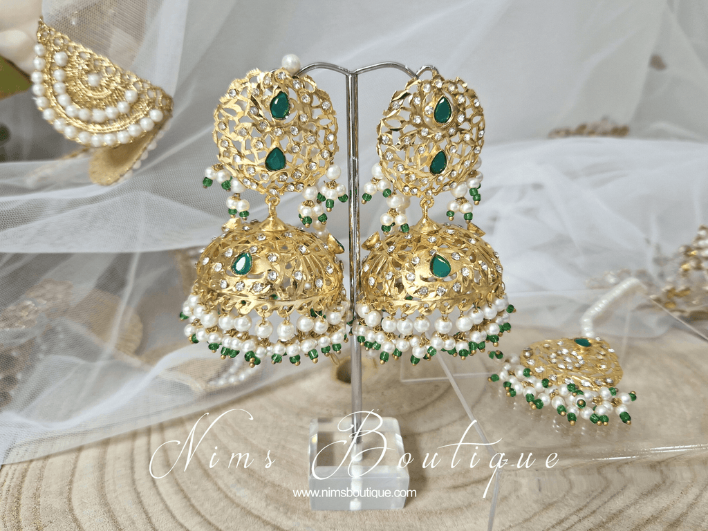Nims Boutique Mughal Gold & Green Earrings & Tikka Set