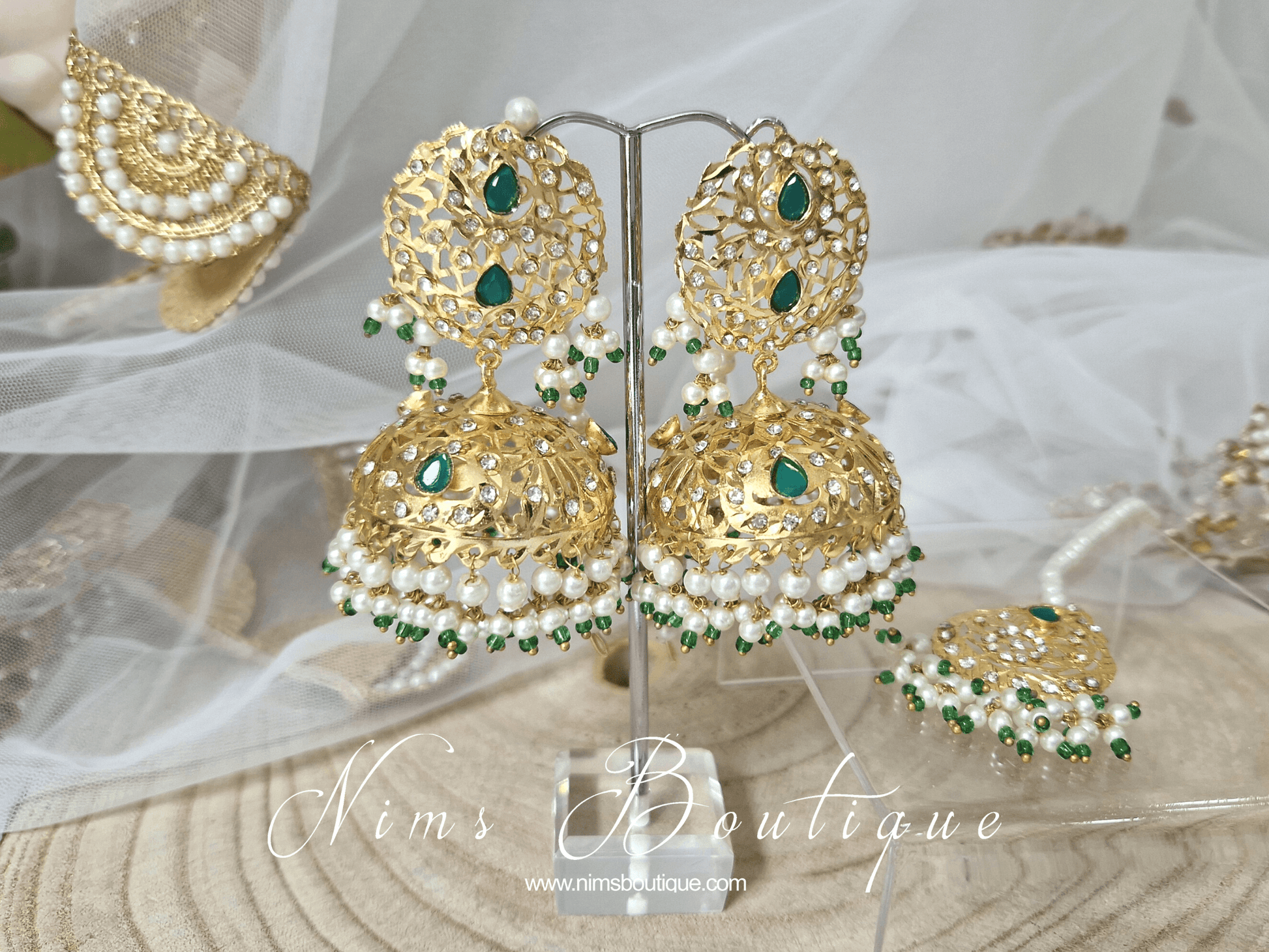 Nims Boutique Mughal Gold & Green Earrings & Tikka Set