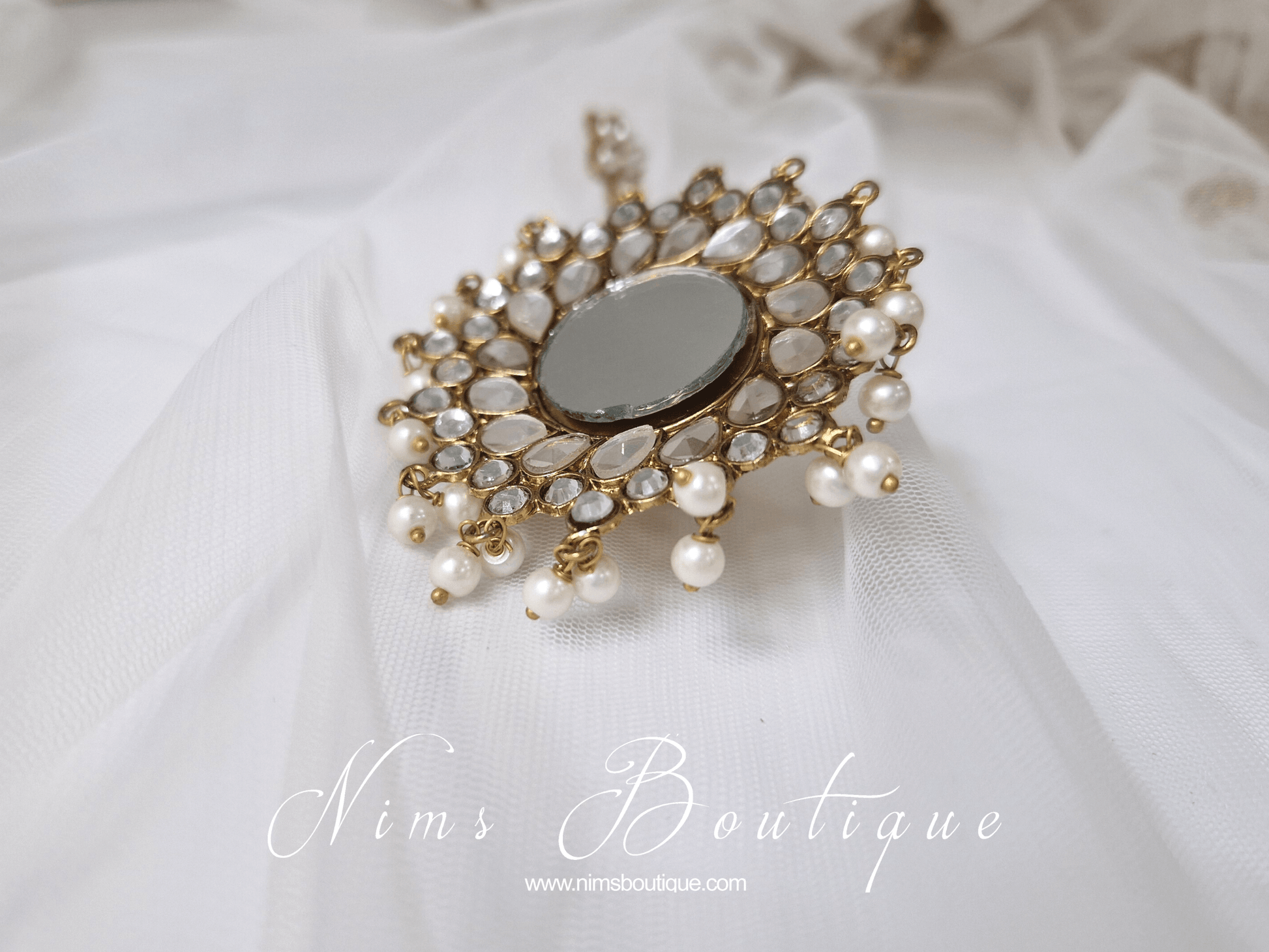 Nims Boutique Large Statement Royal Gold & Pearl Mirror Ring