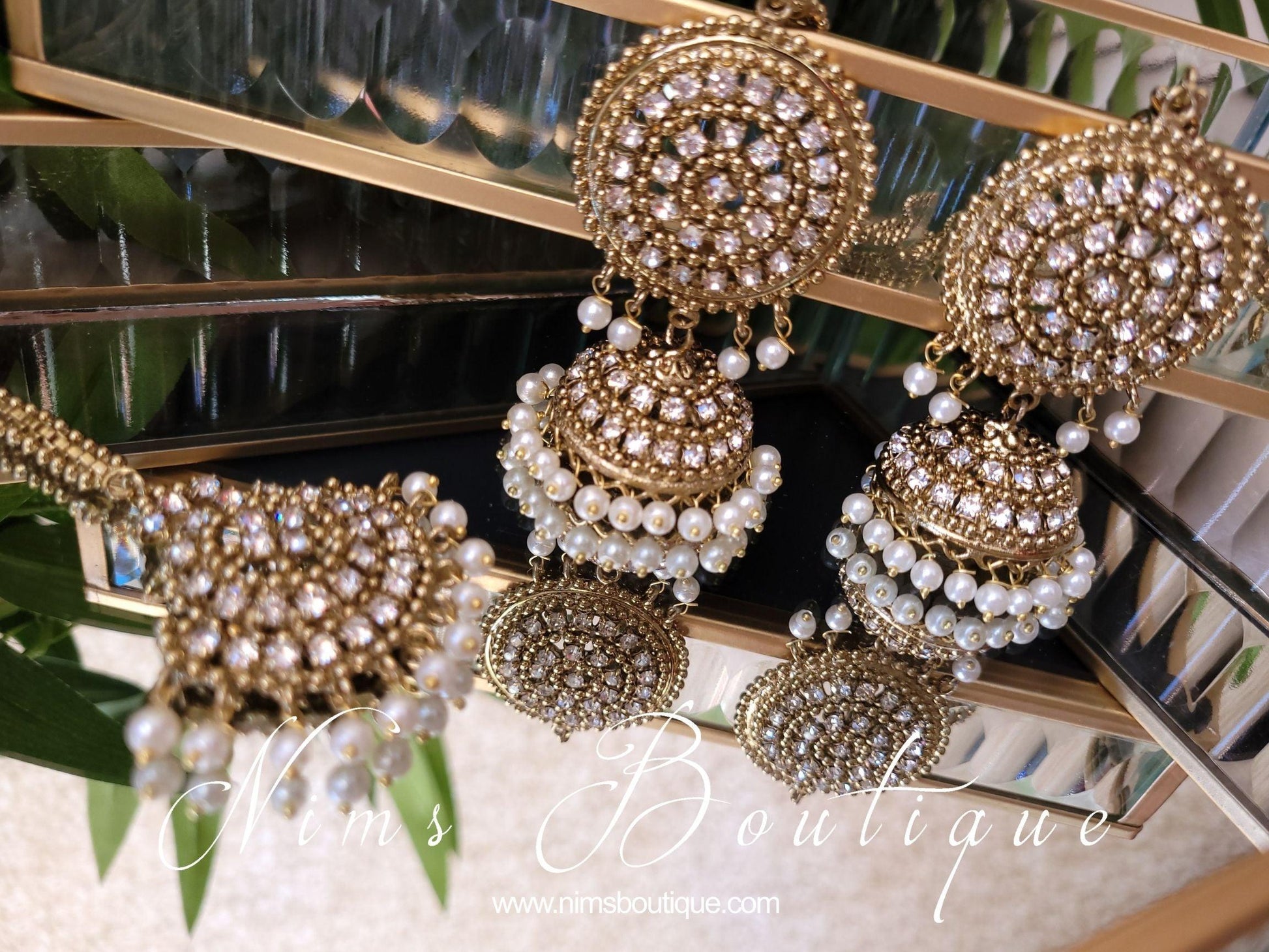 Nims Boutique Royal Antique Gold & Pearl Chumke & Tikka Set with earring chains