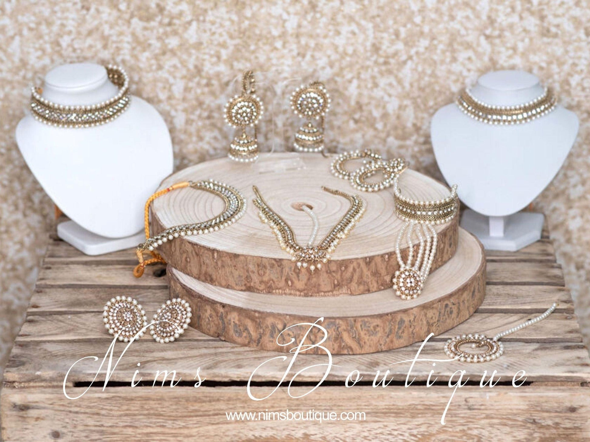 Nims Boutique Celina Pearl & Antique Gold Choker with Clear Stone