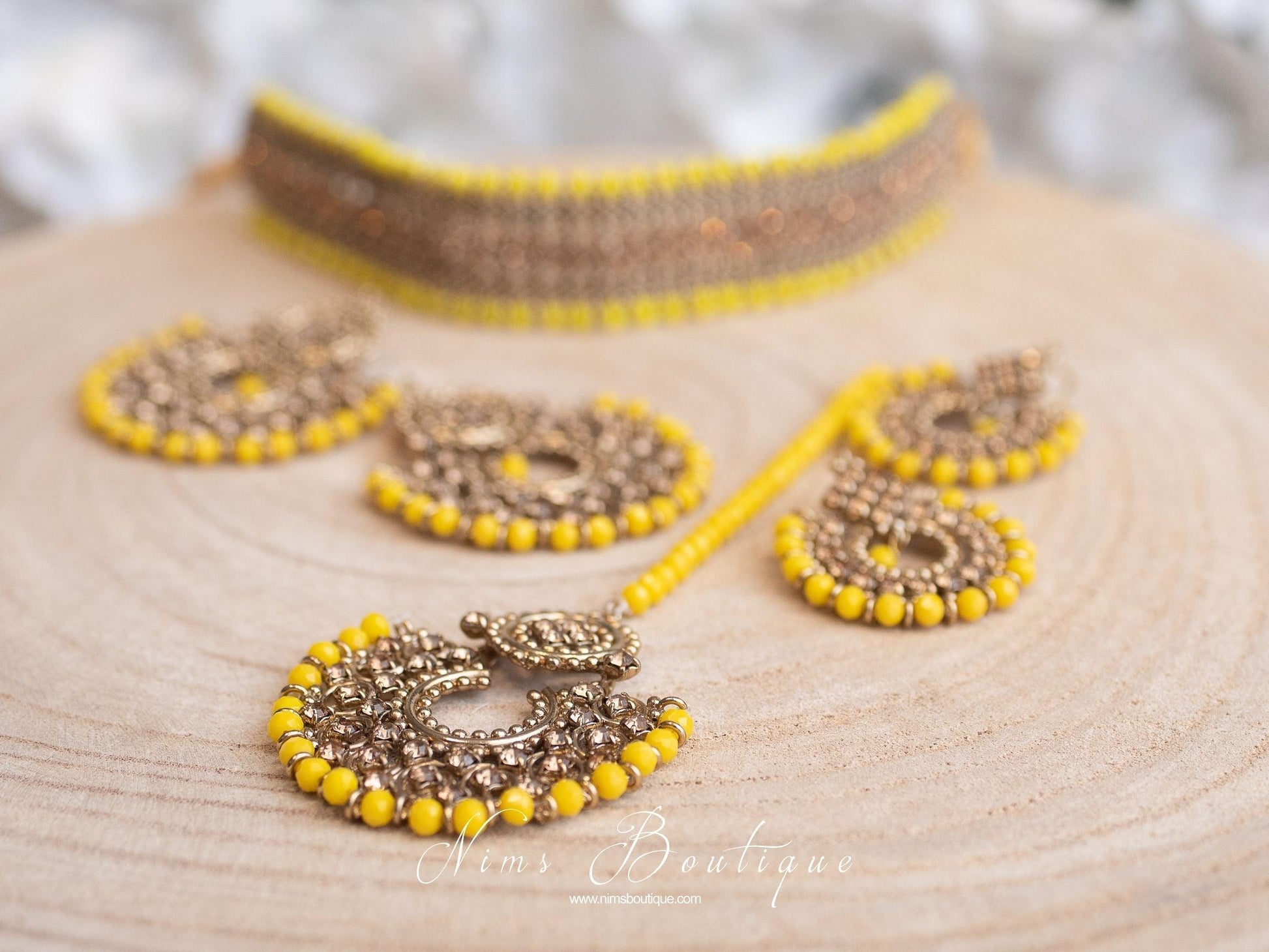 Nims Boutique Royal Dark Yellow & Gold Stone Chand Tikka Set