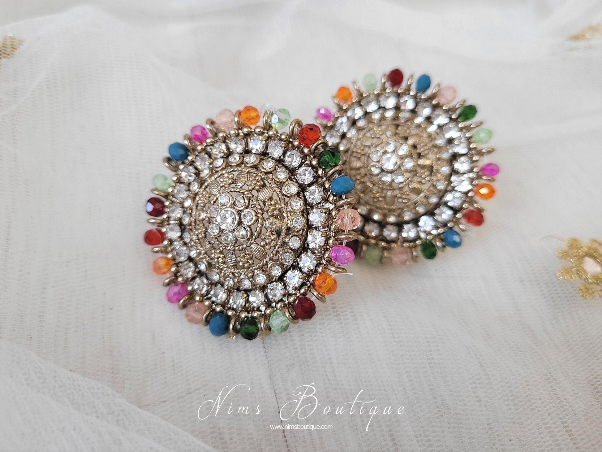 Nims Boutique Large Royal Antique Gold & Multicolour Stud earrings 2
