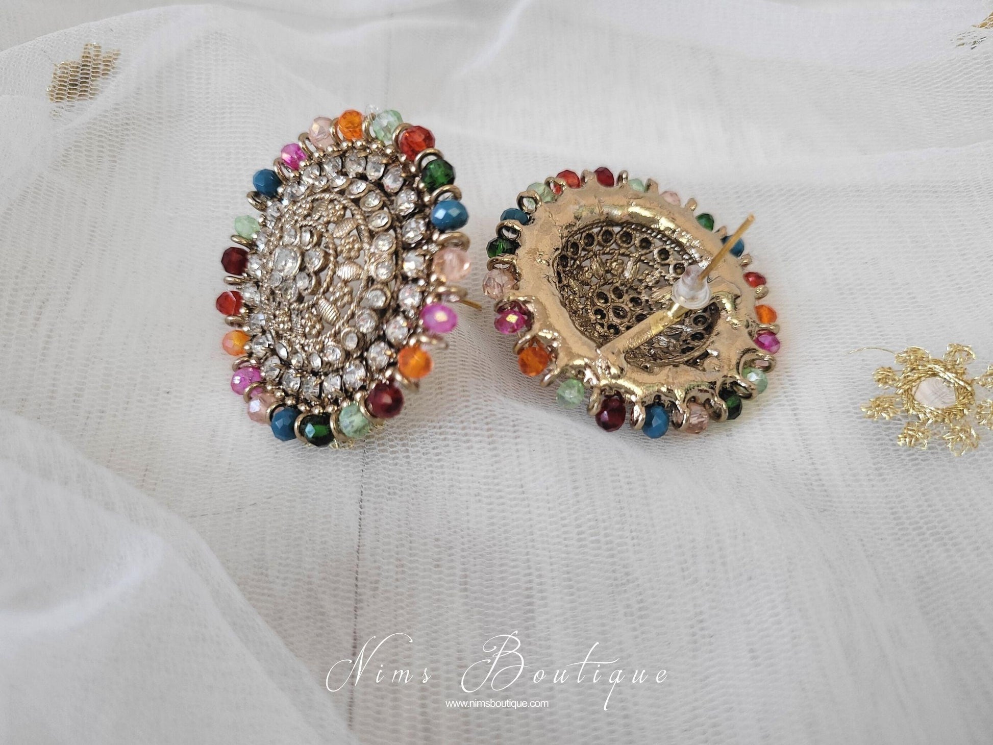 Nims Boutique Large Royal Antique Gold & Multicolour Stud earrings 2