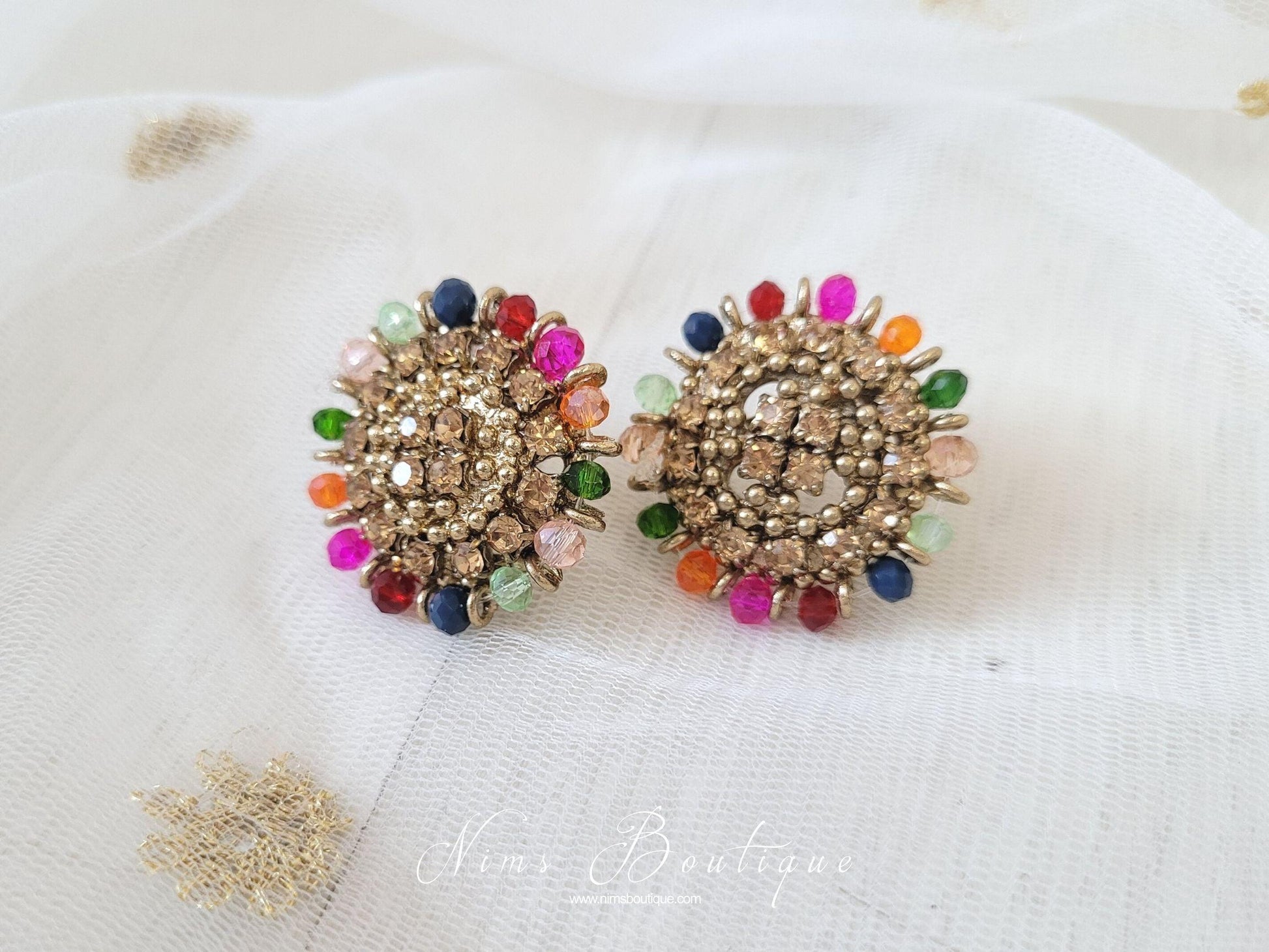 Nims Boutique Royal Gold Stone & Multicolour Stud Earrings