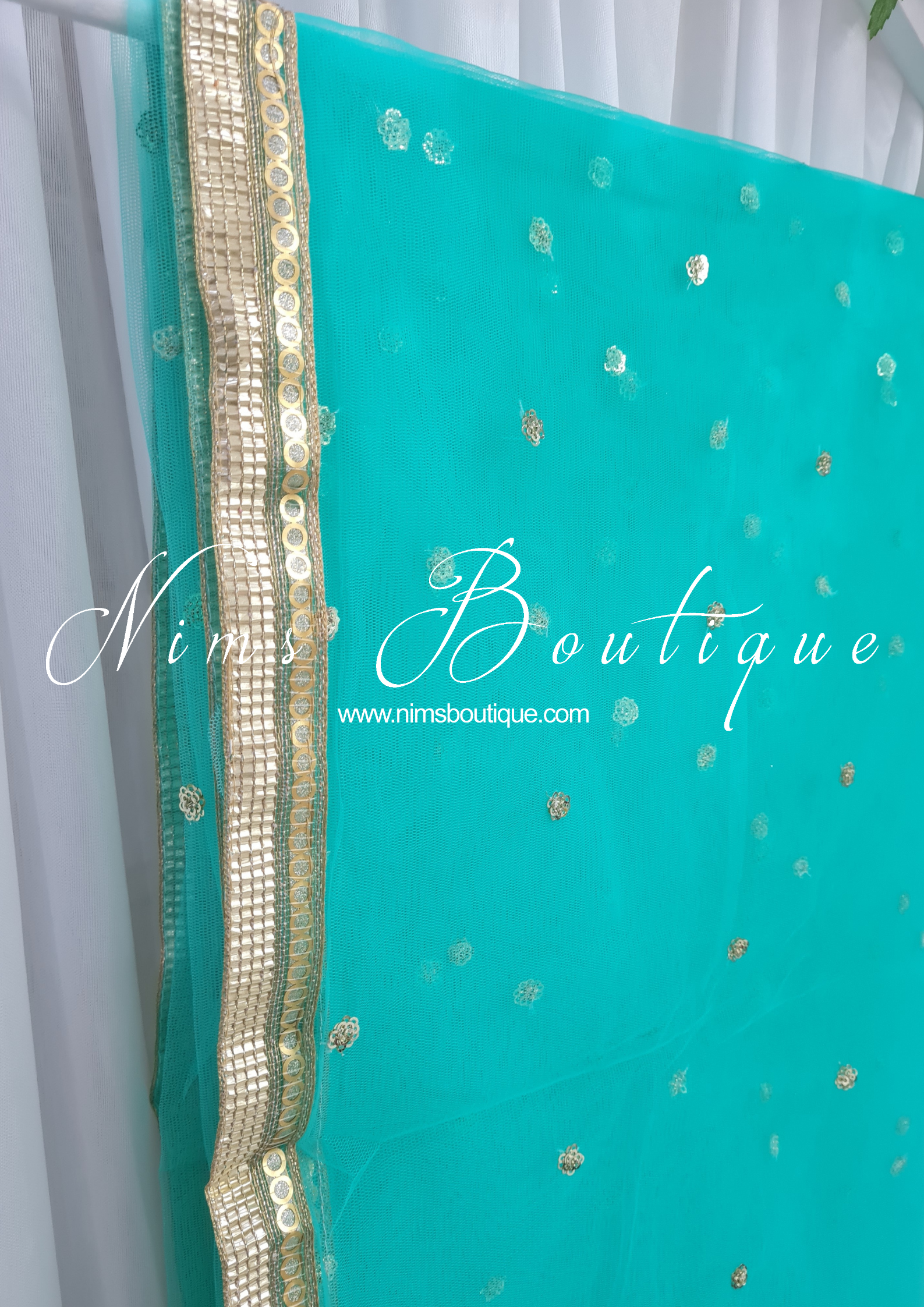 Nims Boutique Aqua Blue/Green Net Sequin Dupatta/Chunni NS1