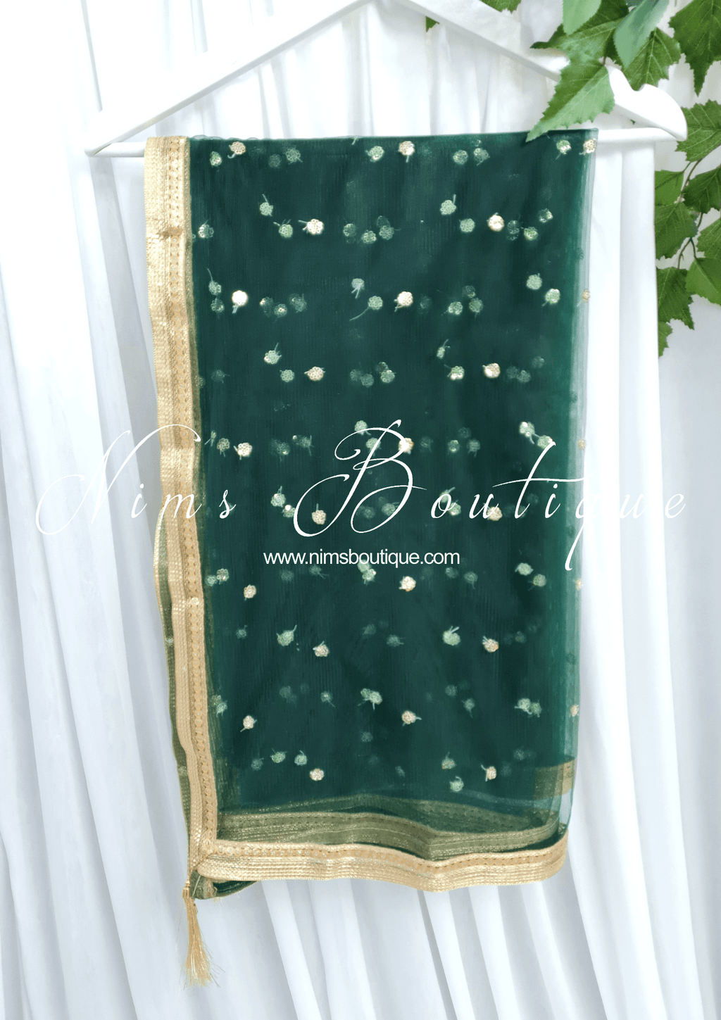 Nims Boutique Dark Green Net Sequin Dupatta/Chunni NS8