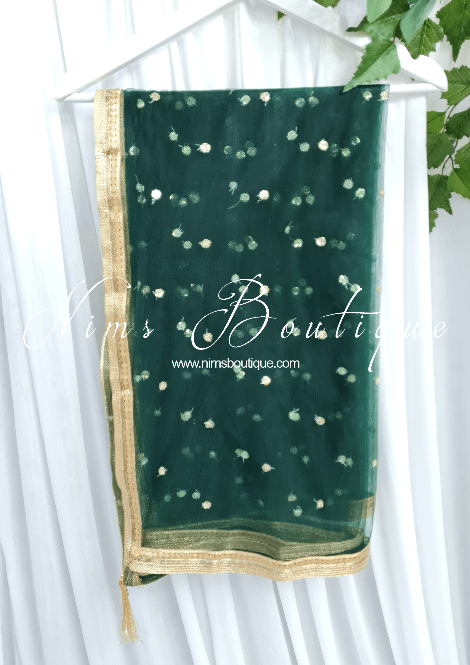 Nims Boutique Dark Green Net Sequin Dupatta/Chunni NS8