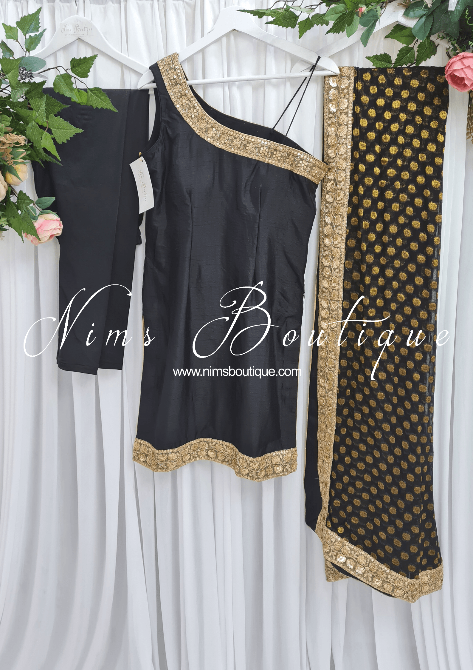 Nims Boutique One Shoulder Silk Black Pajami Suit sizes 4-16