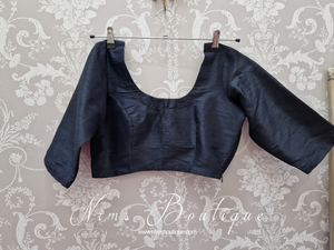 Black Raw Silk Scoop Neck Blouse with sleeves (4-26)