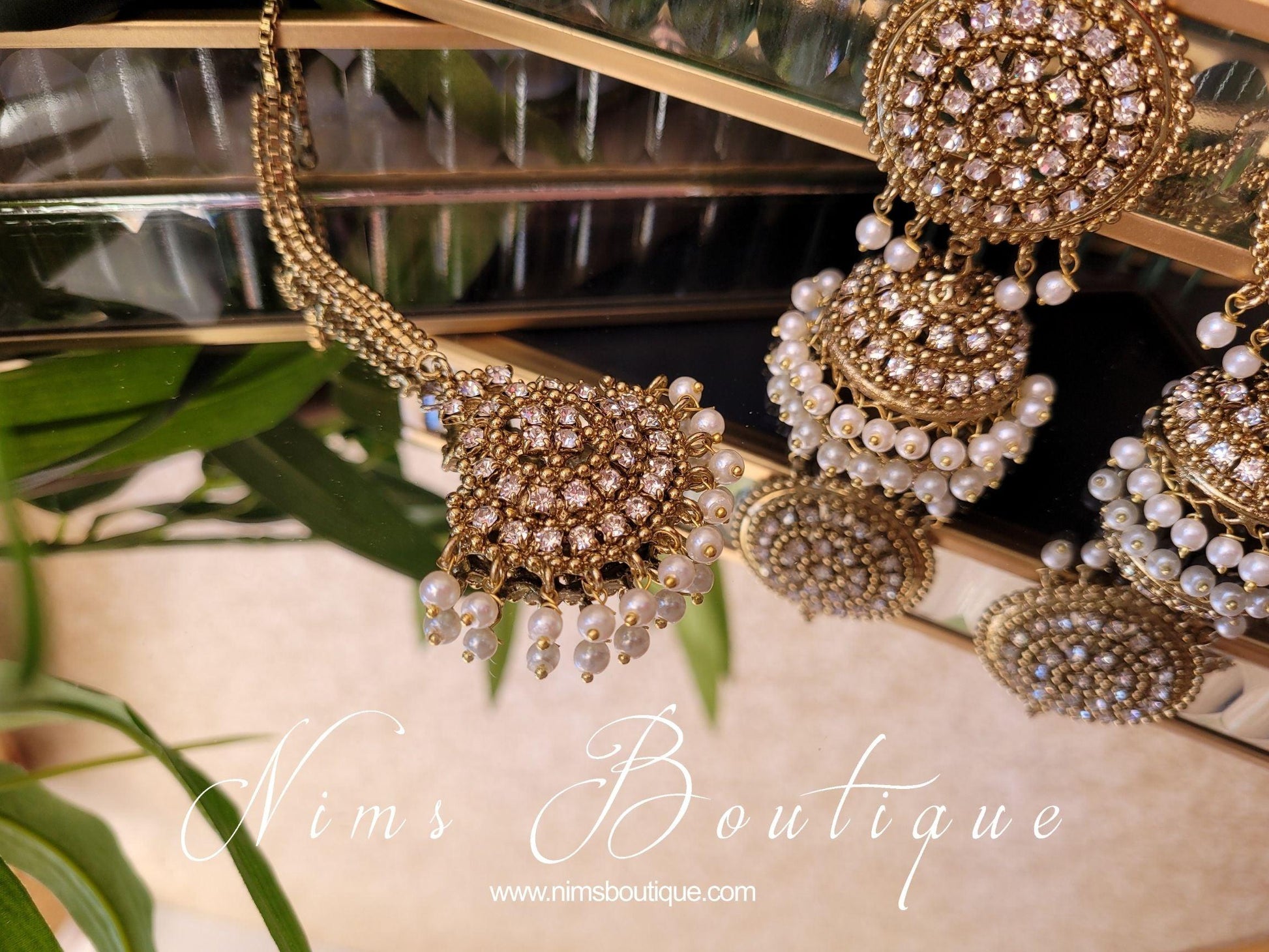 Nims Boutique Royal Antique Gold & Pearl Chumke & Tikka Set with earring chains