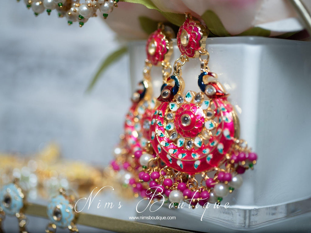 Nims Boutique Moorni Bright Pink Meenakari Peacock Earrings