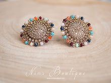 Large Royal Antique Gold & Multicolour Stud earrings (Blue/Brown/Orange)