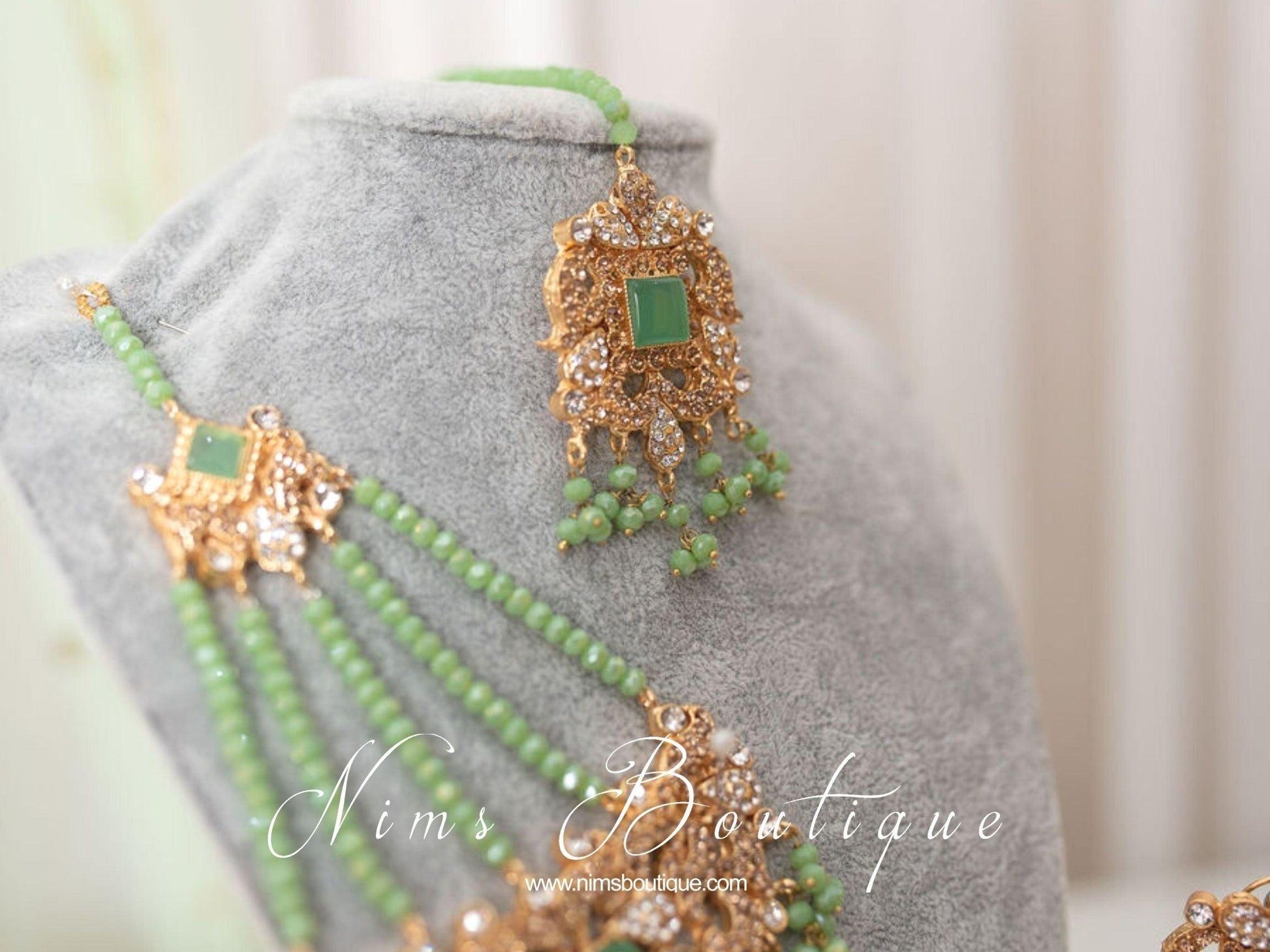 Nims Boutique Ridhi Mint Green Earrings, Tikka & Passa Set