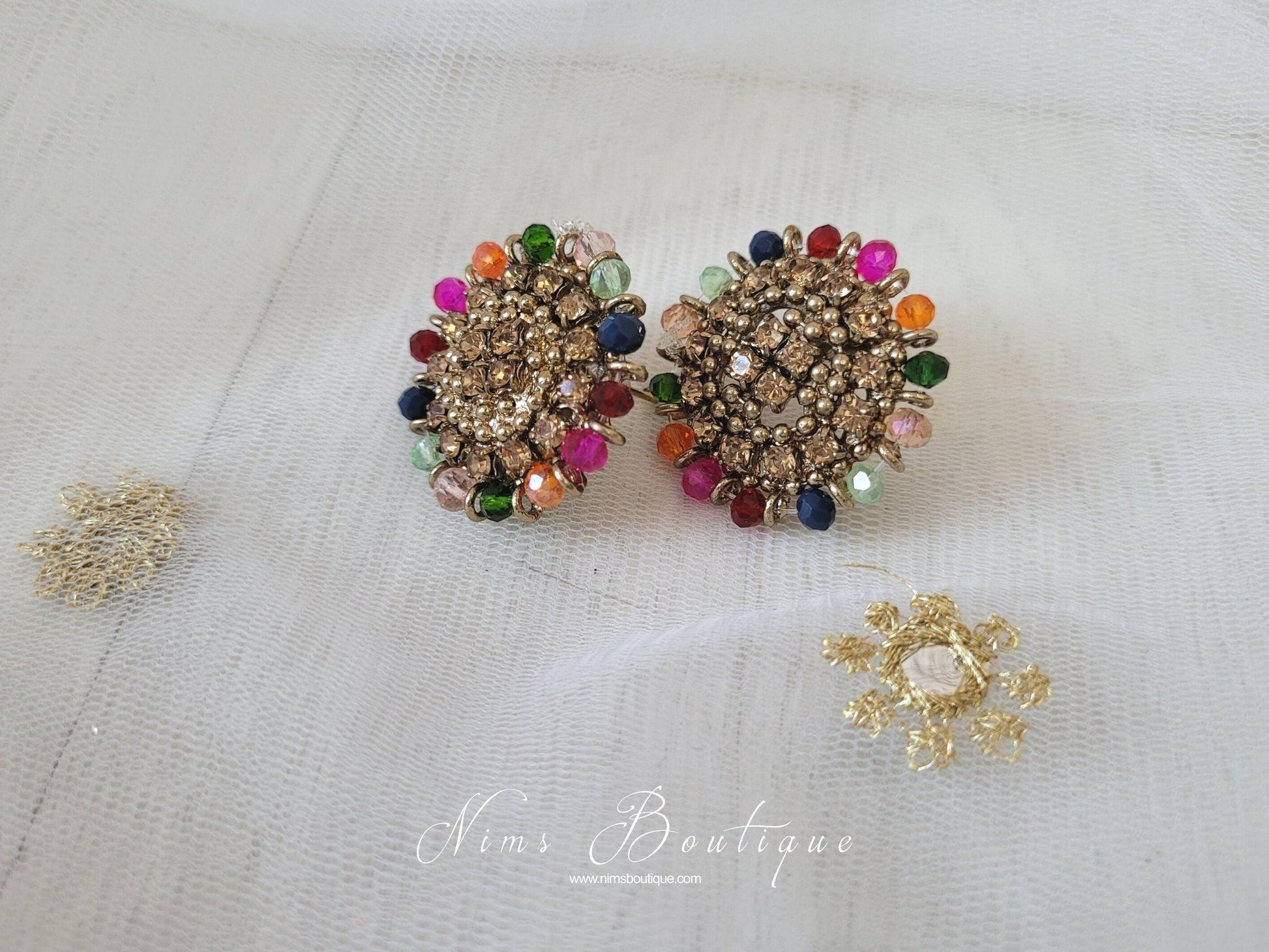 Nims Boutique Royal Gold Stone & Multicolour Stud Earrings