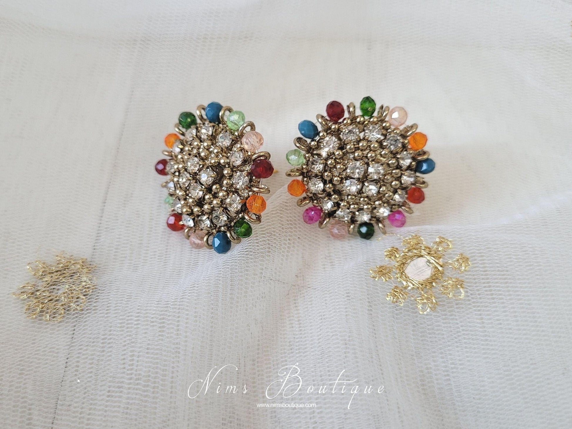 Nims Boutique Royal Antique Gold & Multicolour Stud Earrings 2