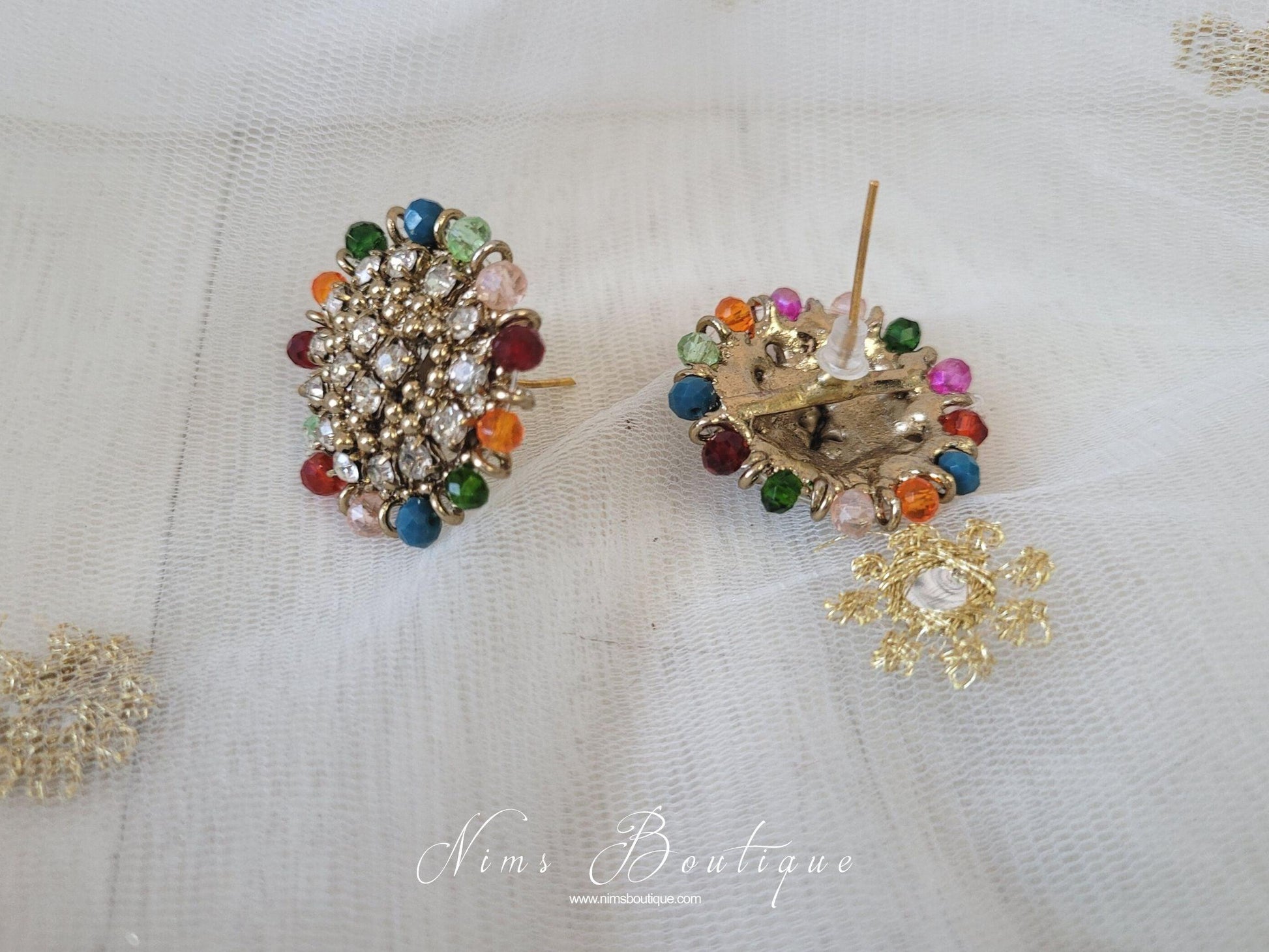 Nims Boutique Royal Antique Gold & Multicolour Stud Earrings 2