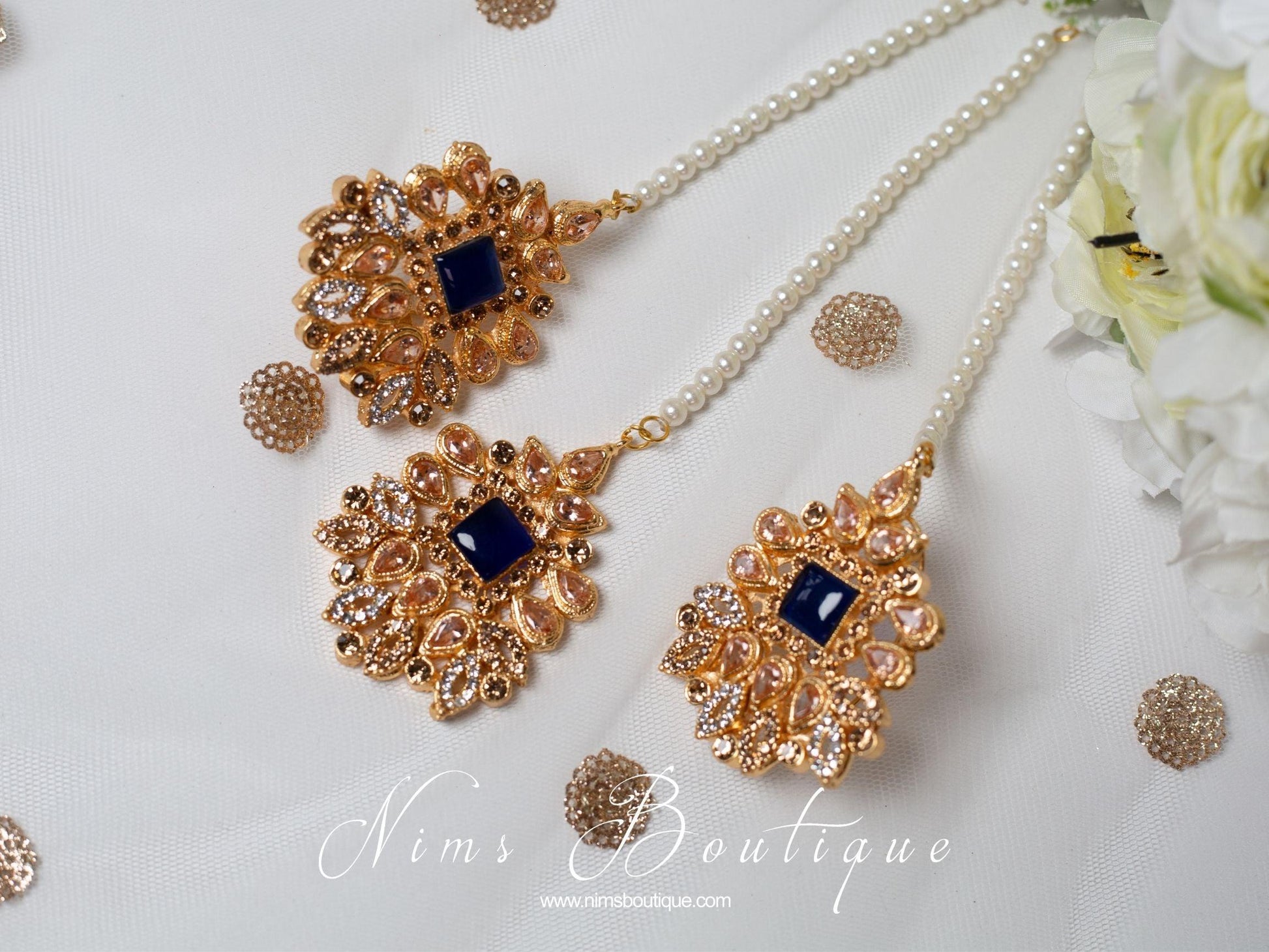 Nims Boutique Sita Gold & Navy Earrings & Tikka set