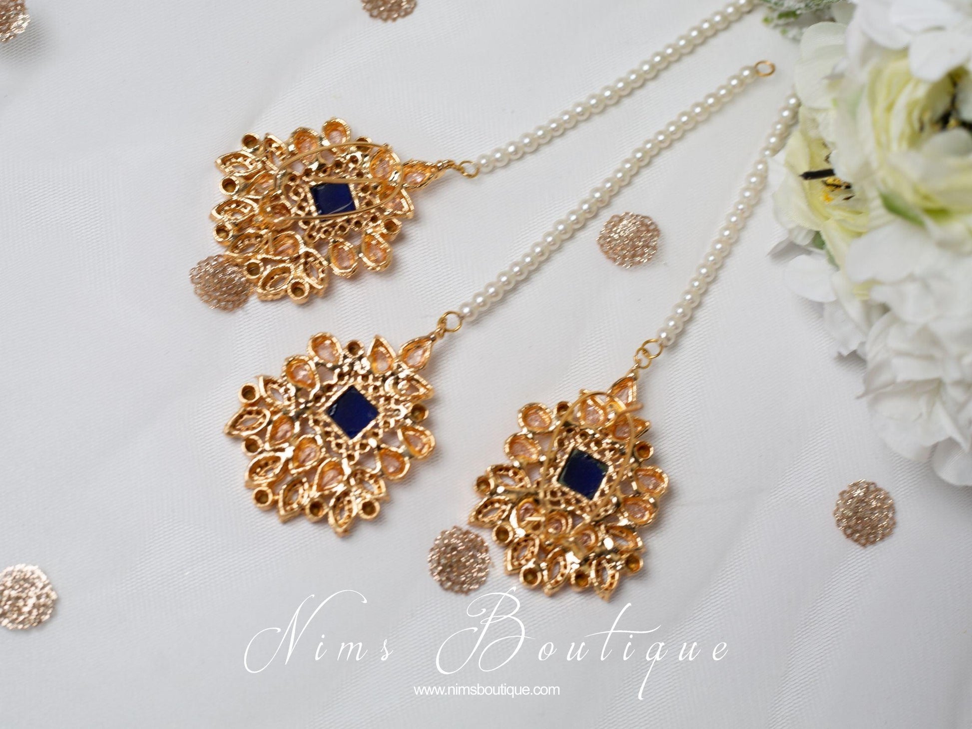 Nims Boutique Sita Gold & Navy Earrings & Tikka set