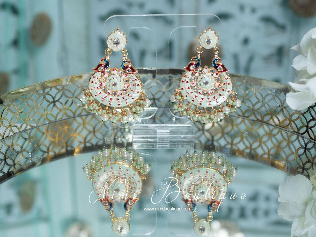 Nims Boutique Moorni Pastel Mint Meenakari Peacock Earrings
