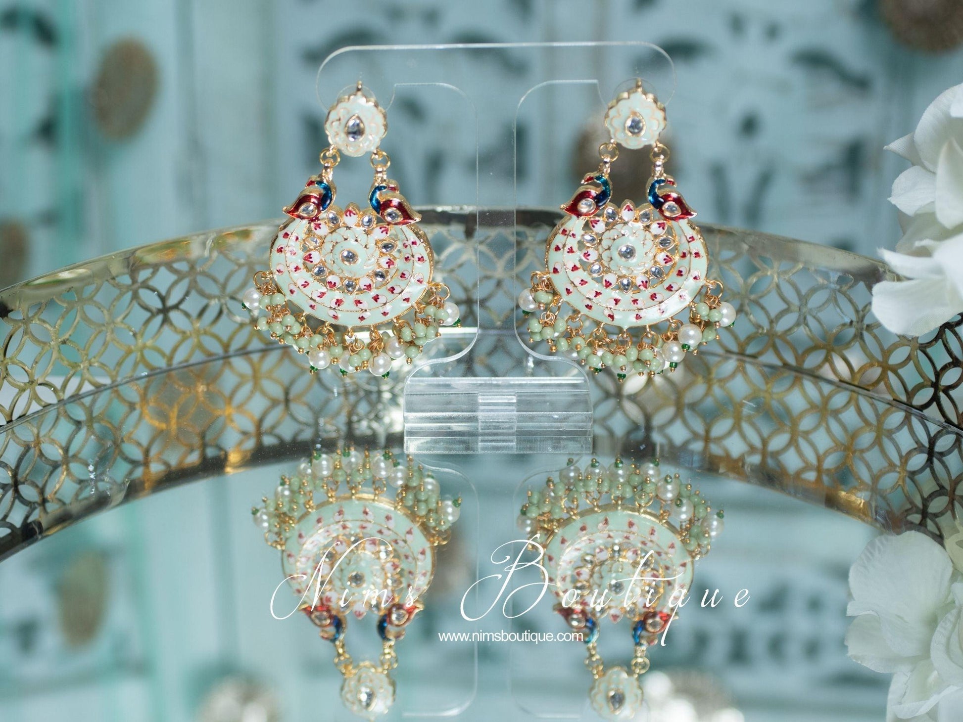 Nims Boutique Moorni Pastel Mint Meenakari Peacock Earrings
