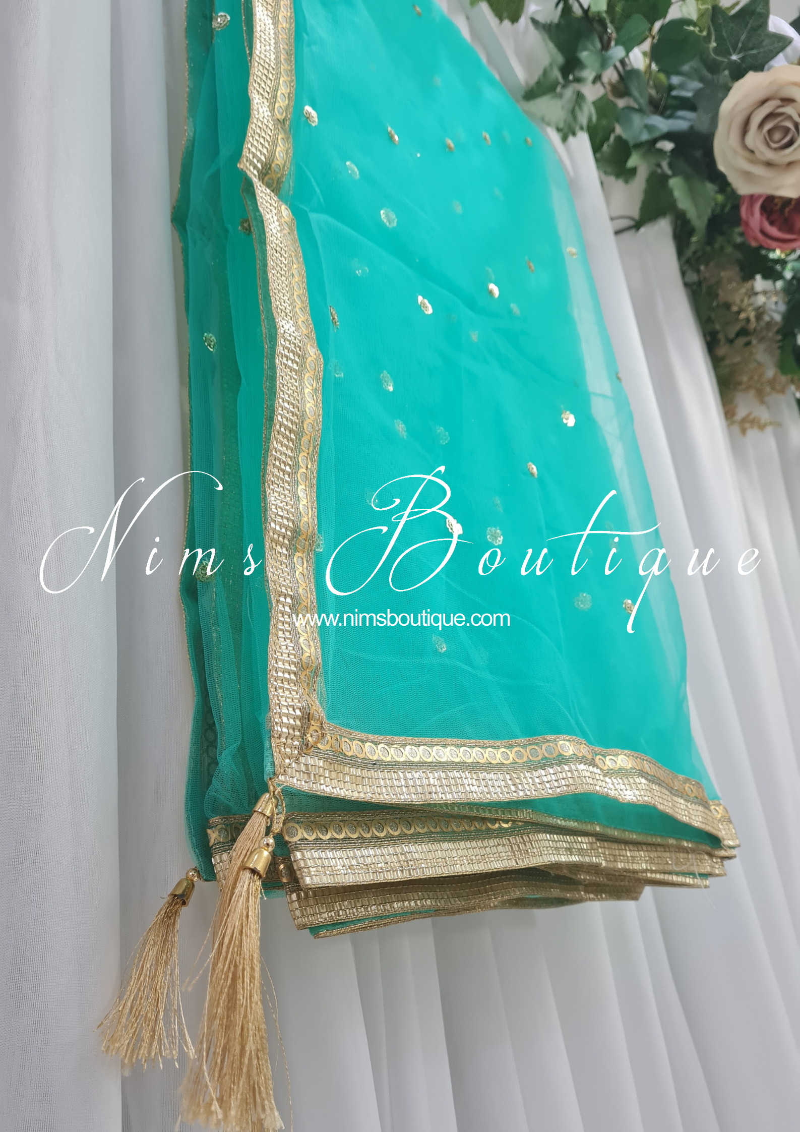 Nims Boutique Aqua Blue/Green Net Sequin Dupatta/Chunni NS1