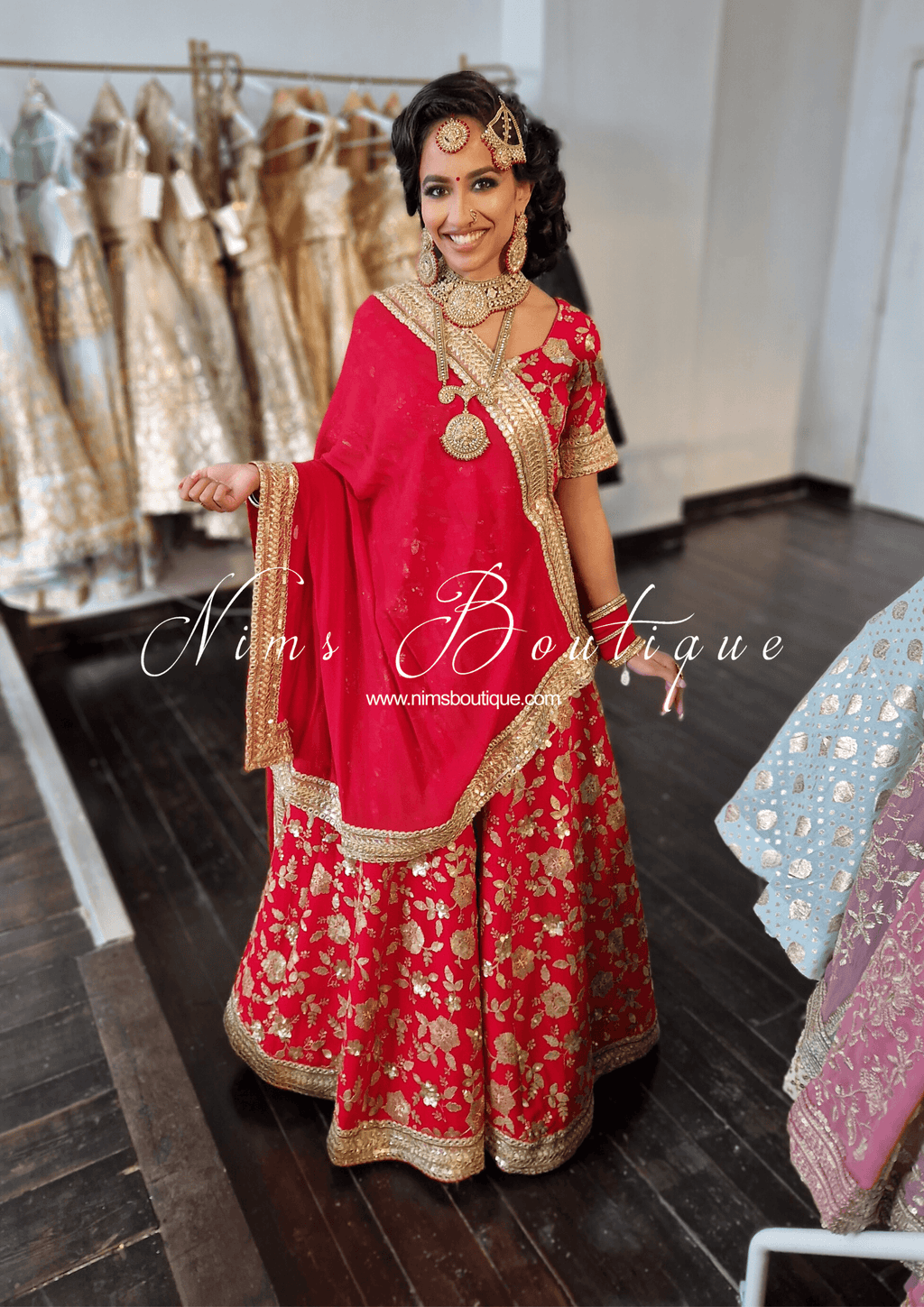 Nims Boutique Madhubala Antique Gold & Red Bridal Set