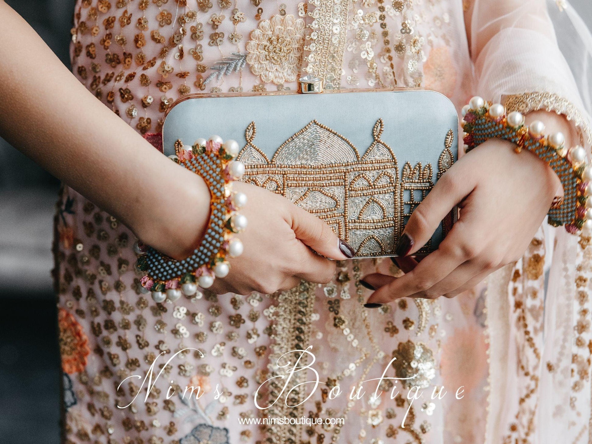 Nims Boutique Taj Pastel Blue Raw Silk Clutch Bag