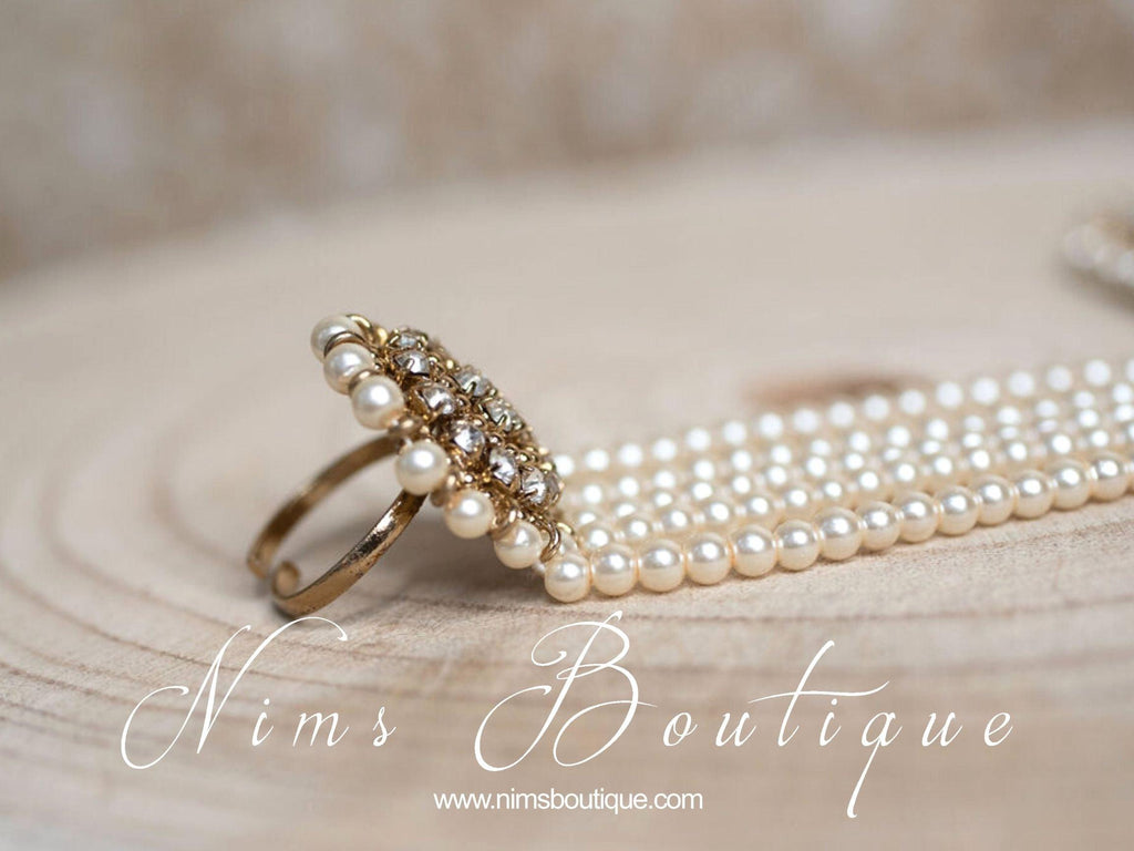 Nims Boutique Royal Antique Gold & Pearl Small Handpiece / Hath Panja