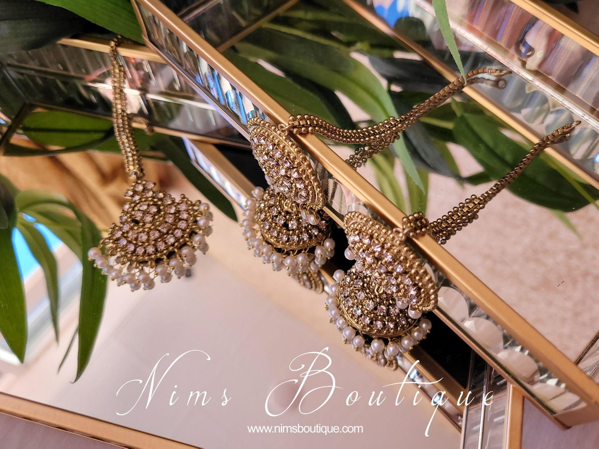 Nims Boutique Royal Antique Gold & Pearl Chumke & Tikka Set with earring chains