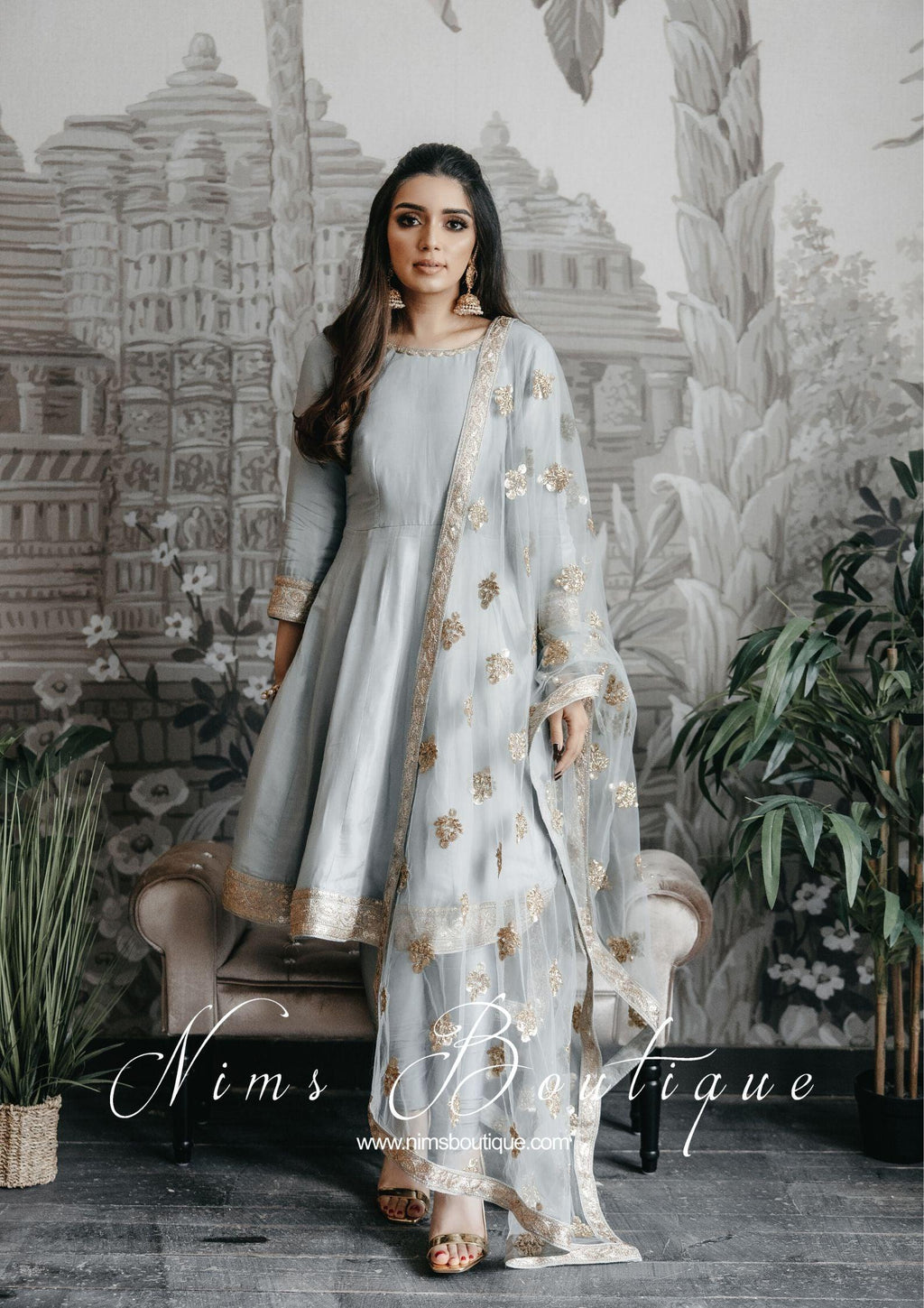 Nims Boutique Rashmi Luxury Grey Silk Anarkali Suit with Pajami size 6-8