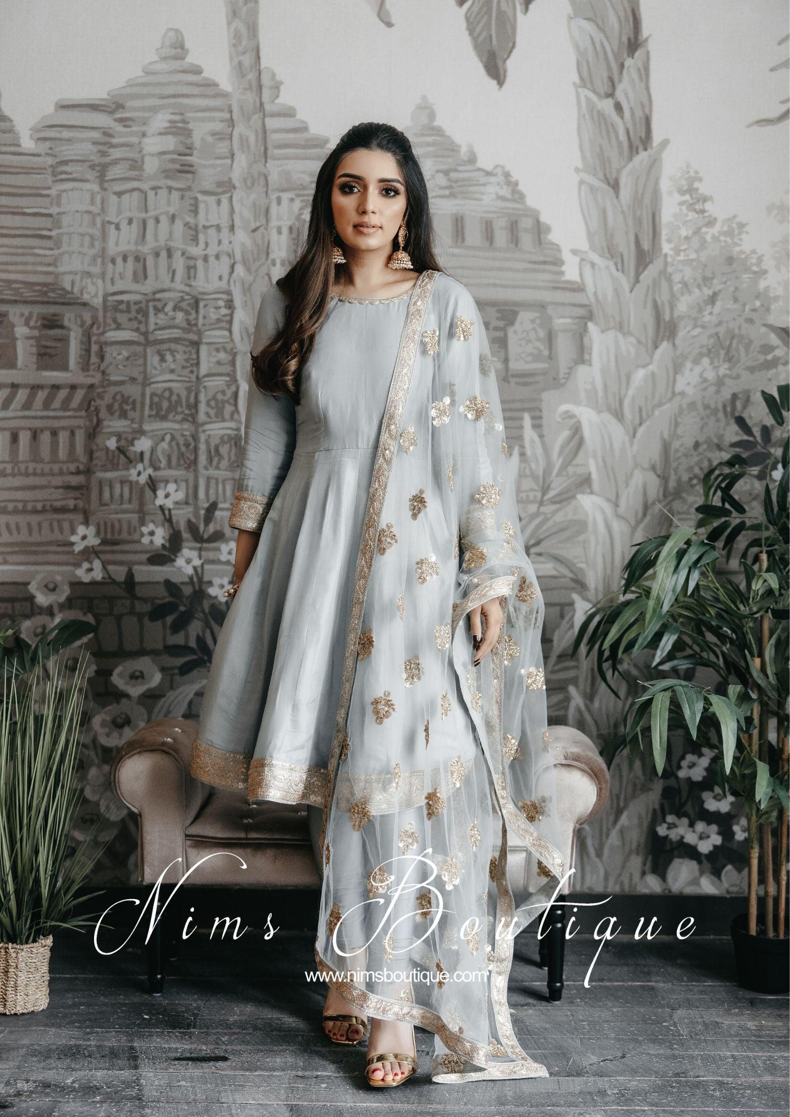 Nims Boutique Rashmi Luxury Grey Silk Anarkali Suit with Pajami size 6-8