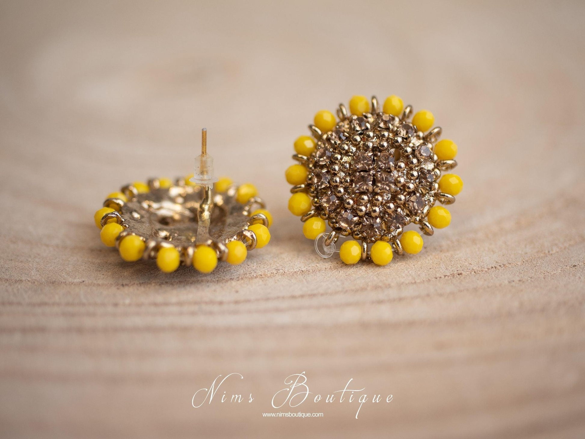 Nims Boutique Royal Dark Yellow & Gold Stone Stud Earrings