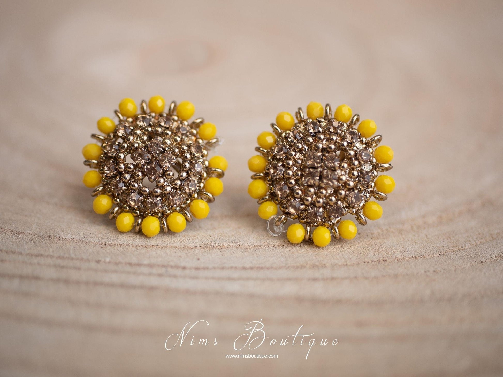 Nims Boutique Royal Dark Yellow & Gold Stone Stud Earrings