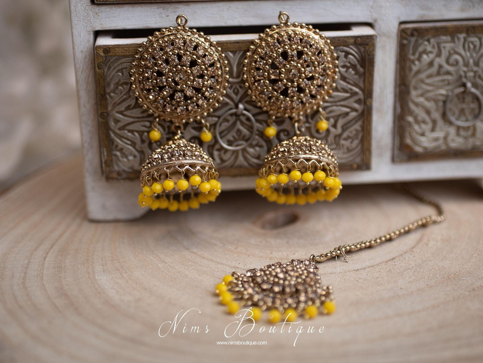 Nims Boutique Royal Dark Yellow & Gold Stone Chumke & Tikka Set
