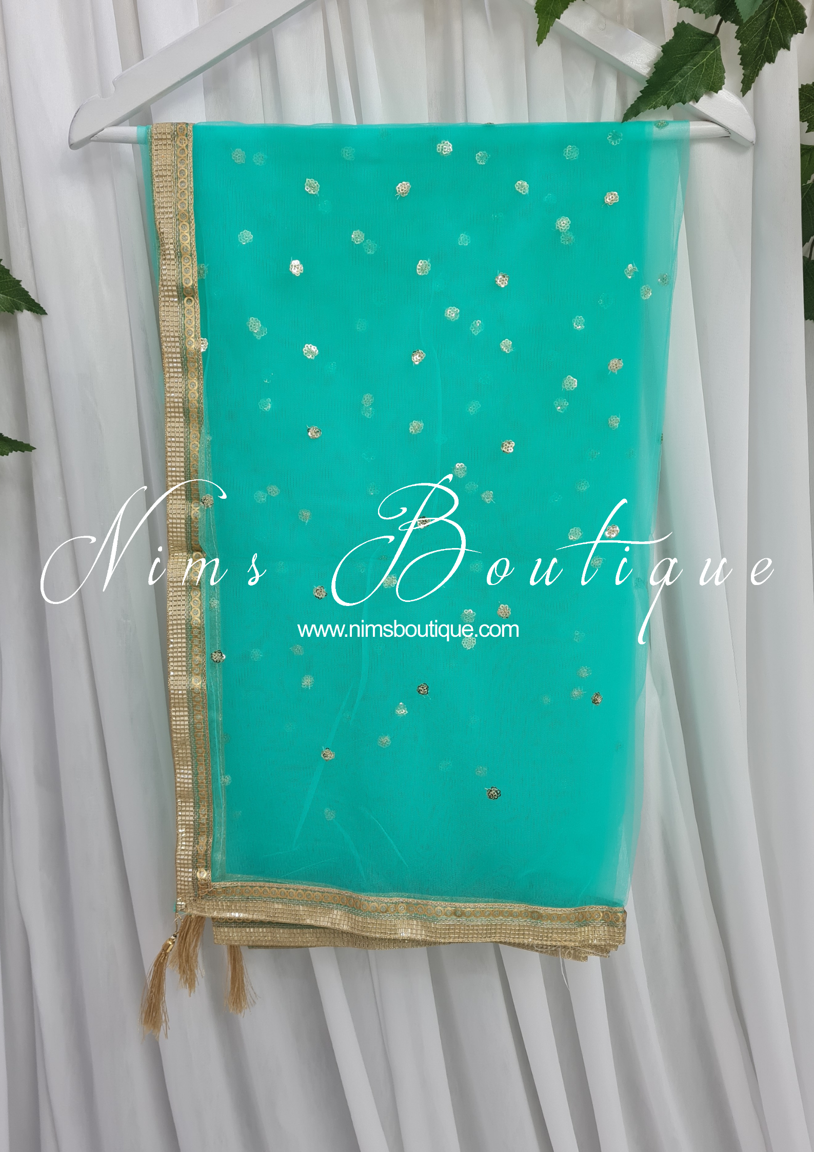Nims Boutique Aqua Blue/Green Net Sequin Dupatta/Chunni NS1