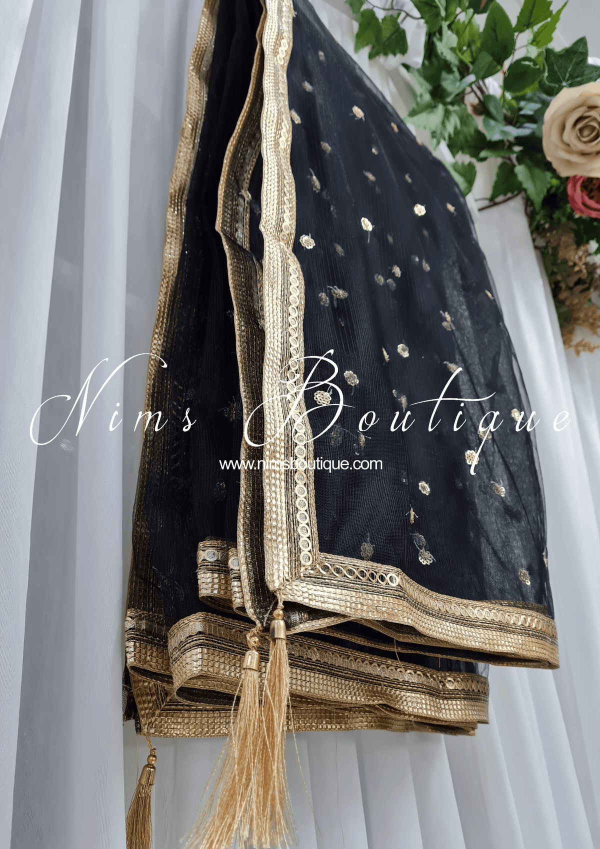 Nims Boutique Black Net Sequin Dupatta/Chunni NS4