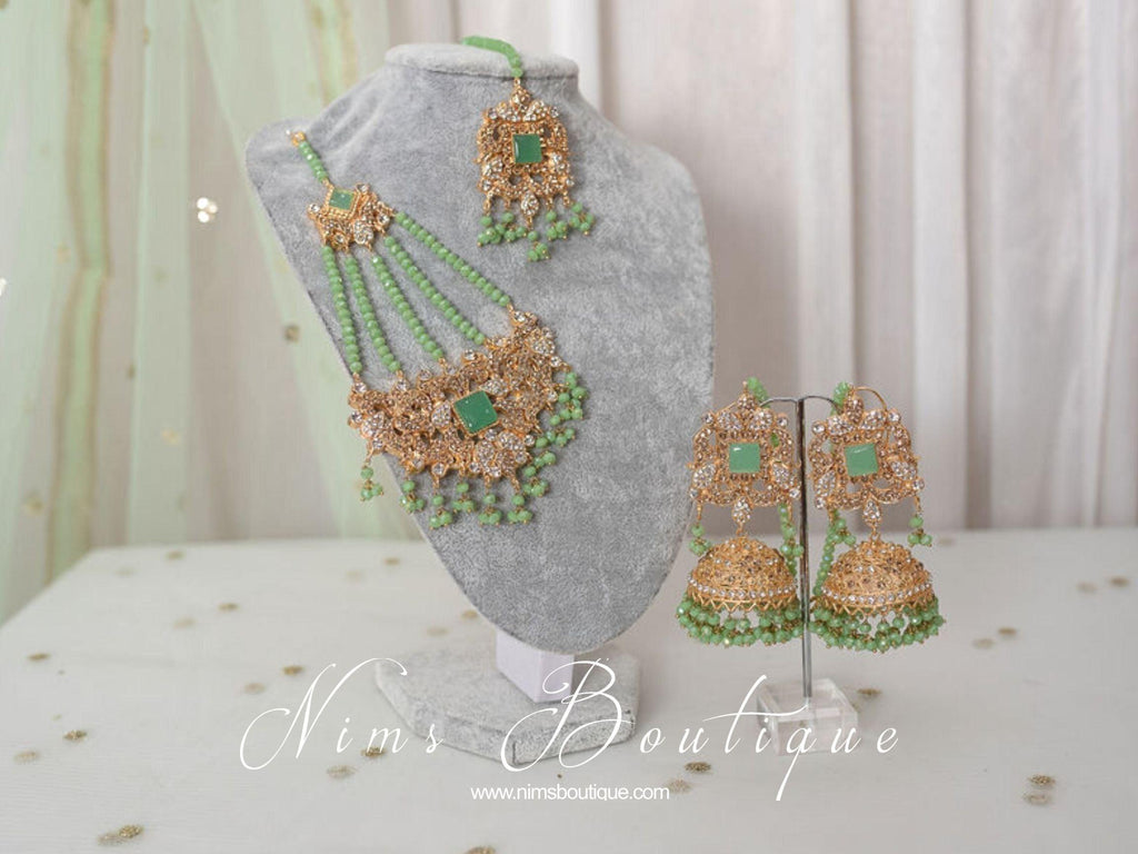 Nims Boutique Ridhi Mint Green Earrings, Tikka & Passa Set