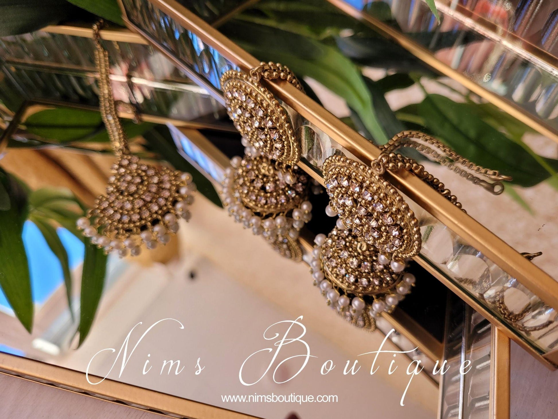 Nims Boutique Royal Antique Gold & Pearl Chumke & Tikka Set with earring chains